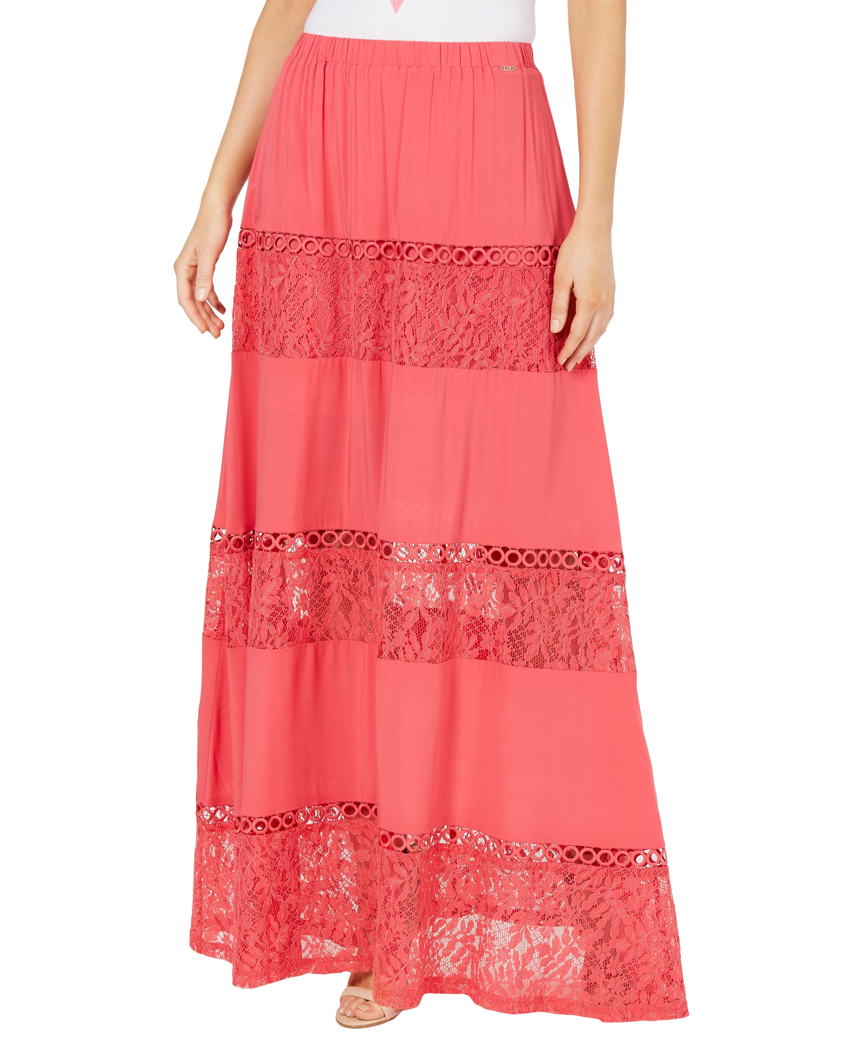 Guess Womens Lace Maxi Pleated Skirt Fuchsia Fantasy M