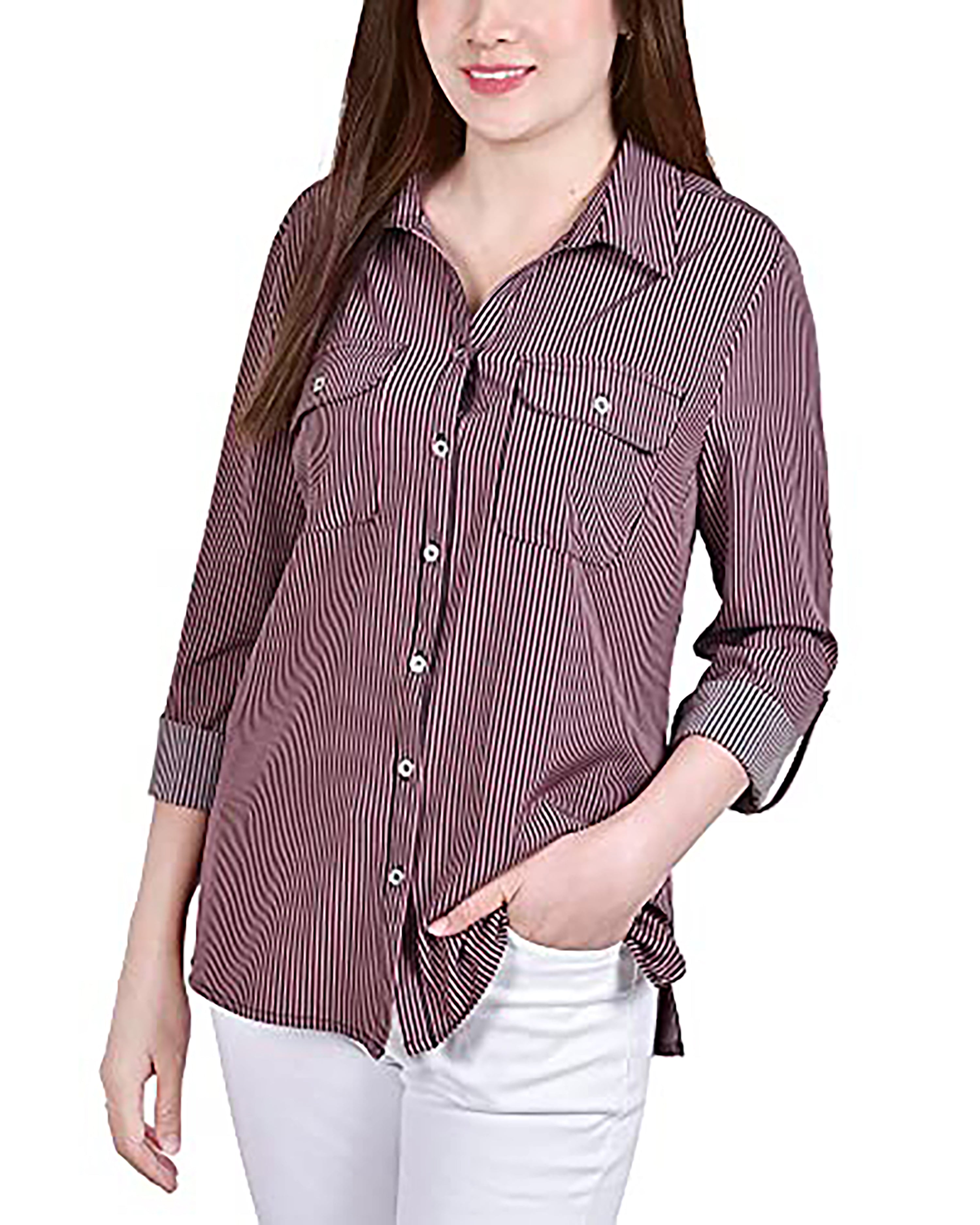 NY Collection 3/4 Sleeve Roll Tab Notch Collar Blouse Lilas W/ Black Torterella PL