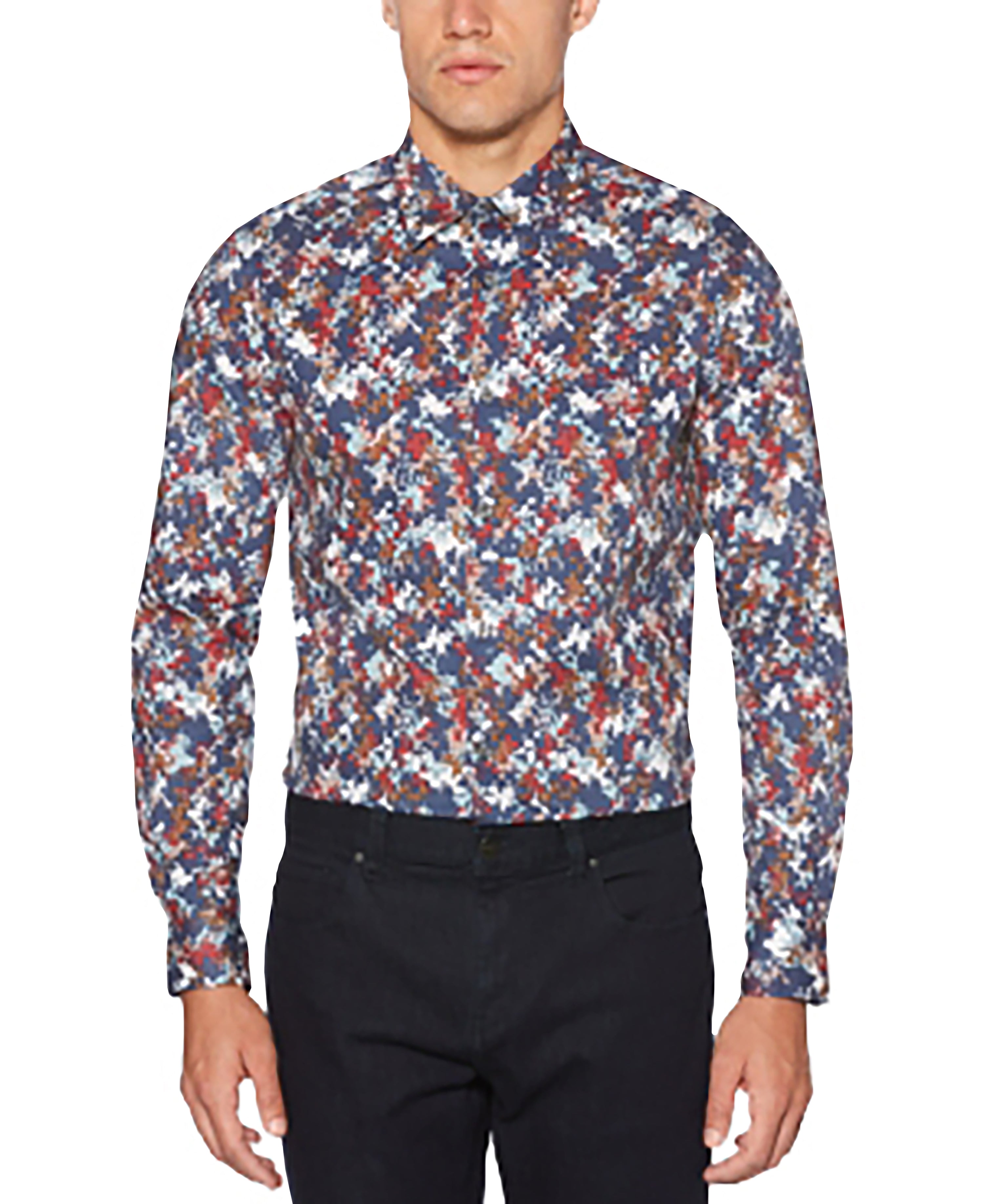 Perry Ellis Men's Abstract Express Pixelated-Print Shirt indigo shadow M