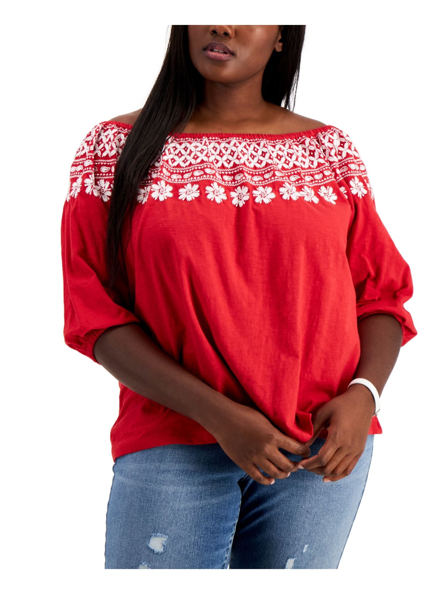Plus Size Off-The-Shoulder Embroidered Top