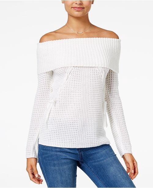 Juniors' Lace-Up Off-The-Shoulder Sweater