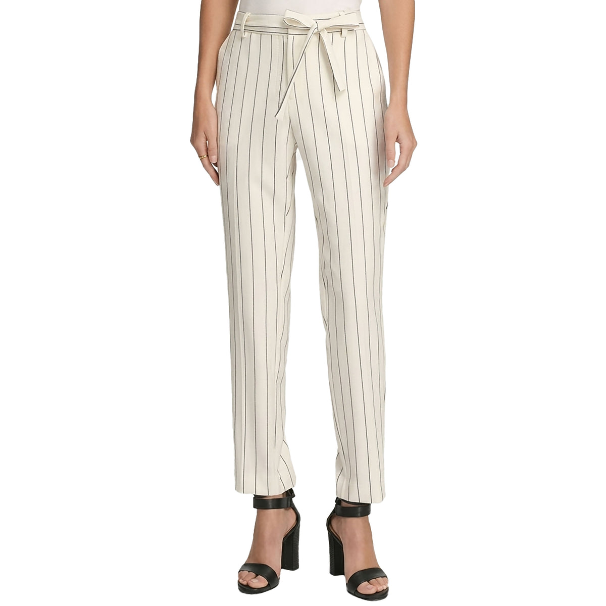 DKNY Womens White Belted Striped Straight leg Pants Petites White 8P