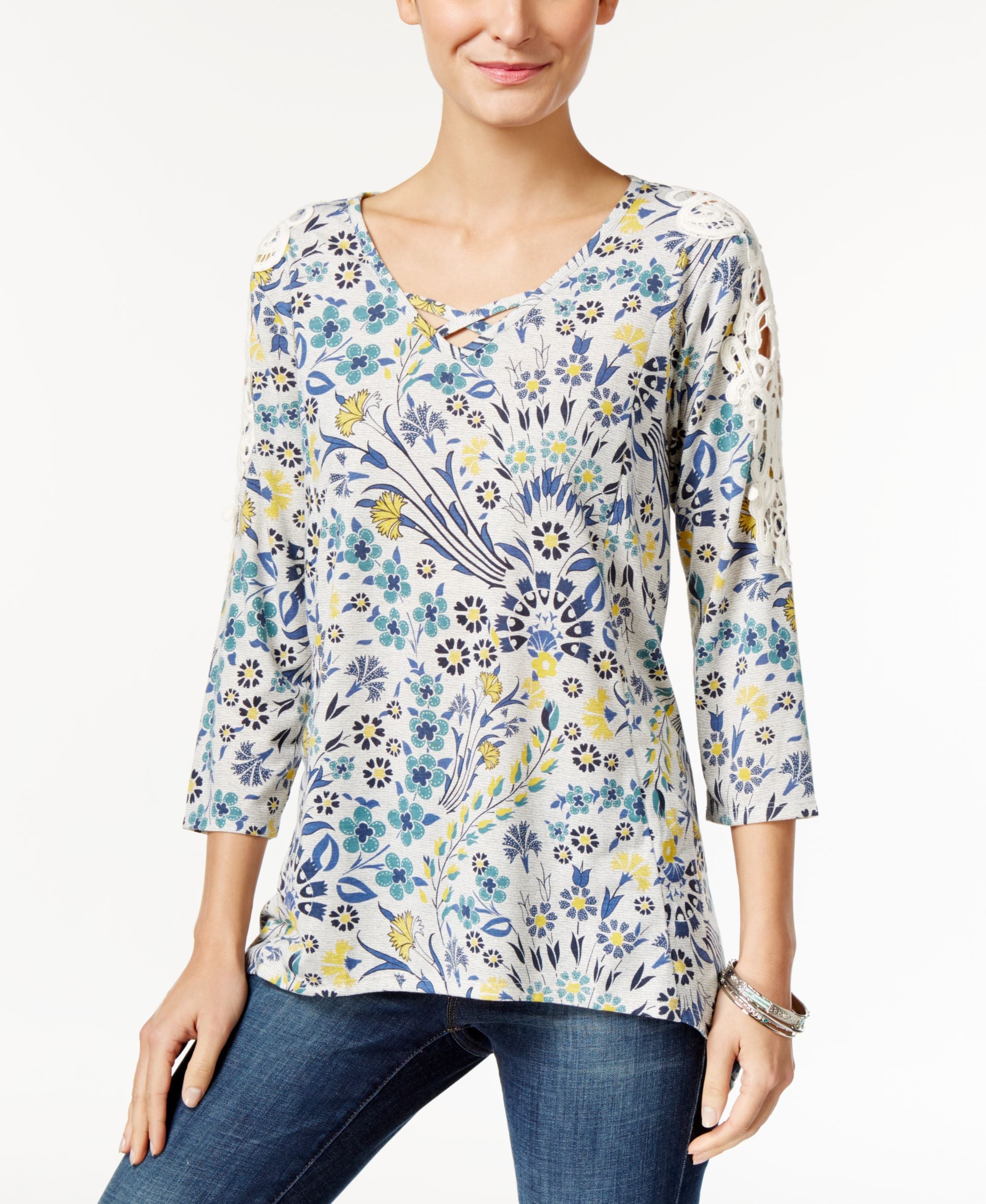 Style & Co Printed Crochet Trim Top