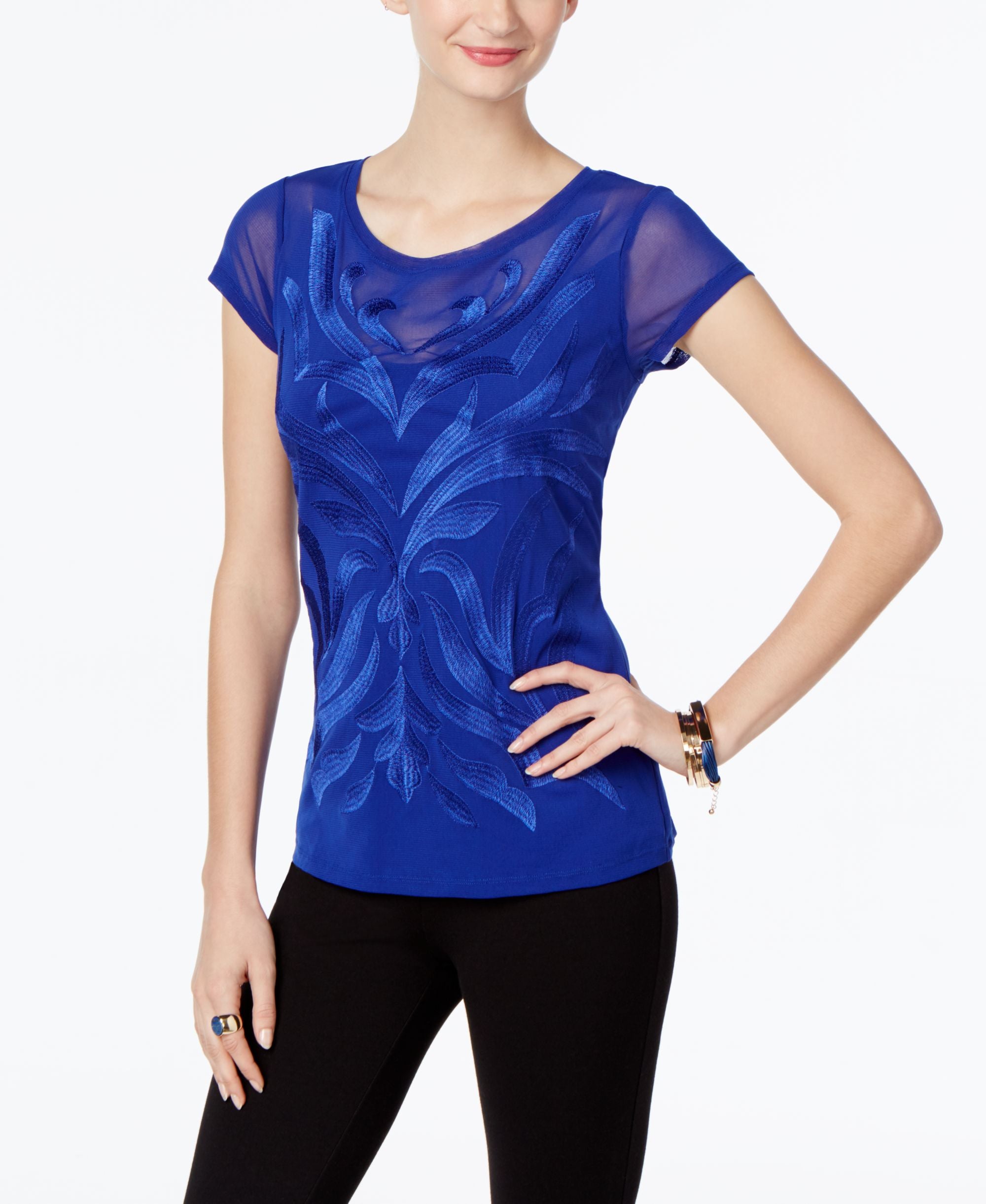 INC International Concepts Petite Embroidered Illusion Top