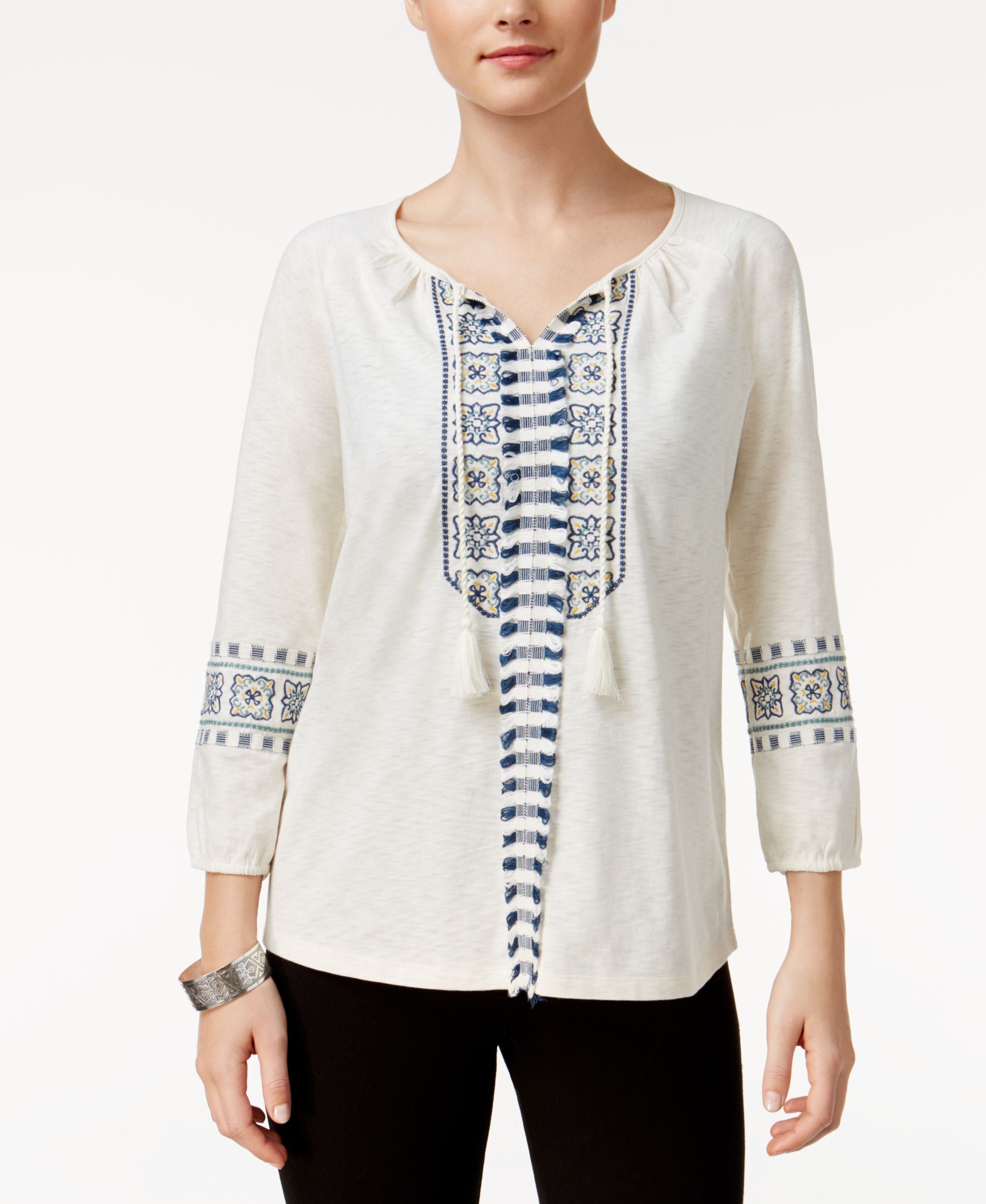 Style & Co Petite Embroidered Peasant Top