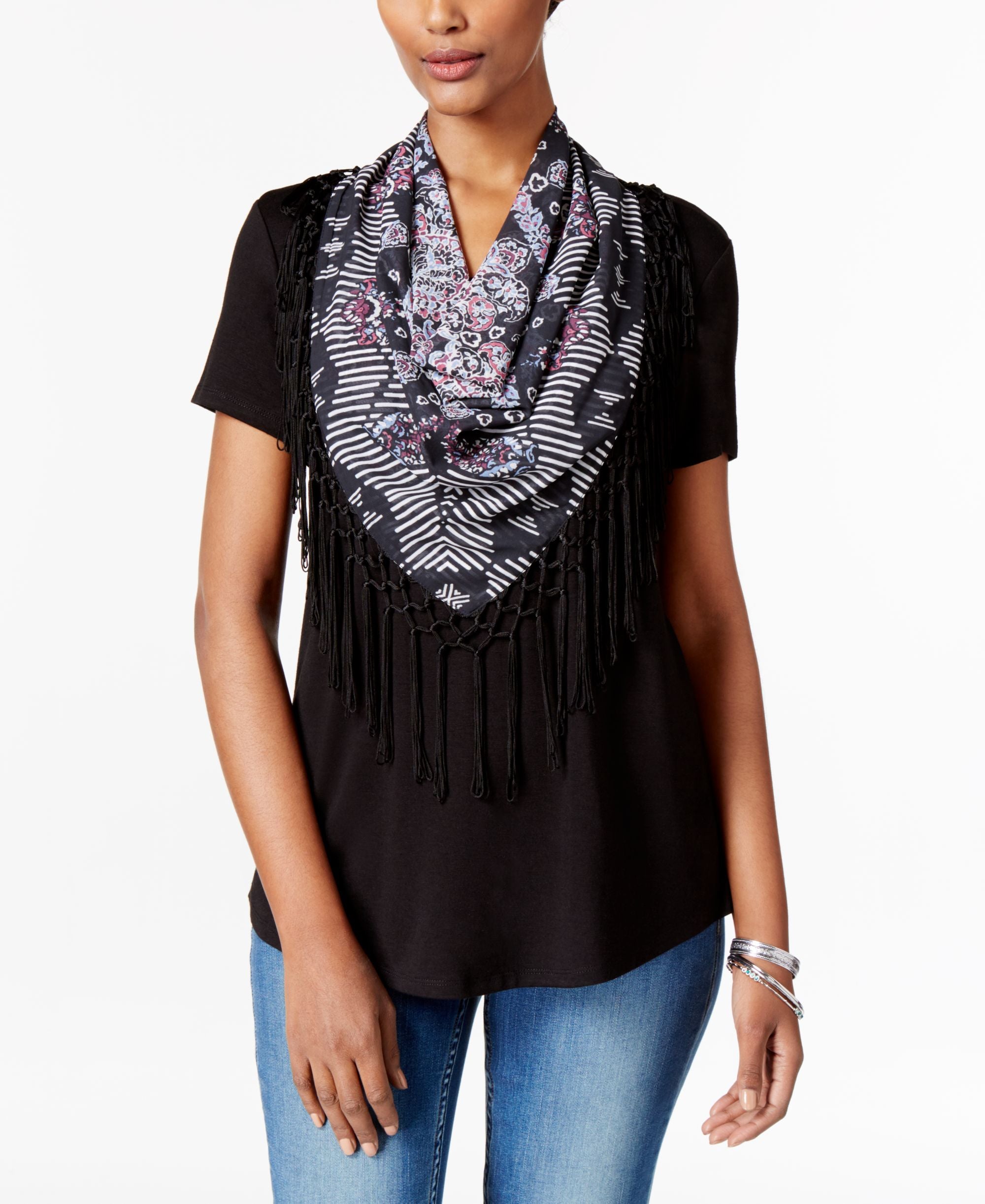 Style & Co Petite T-Shirt With Printed Fringe Scarf