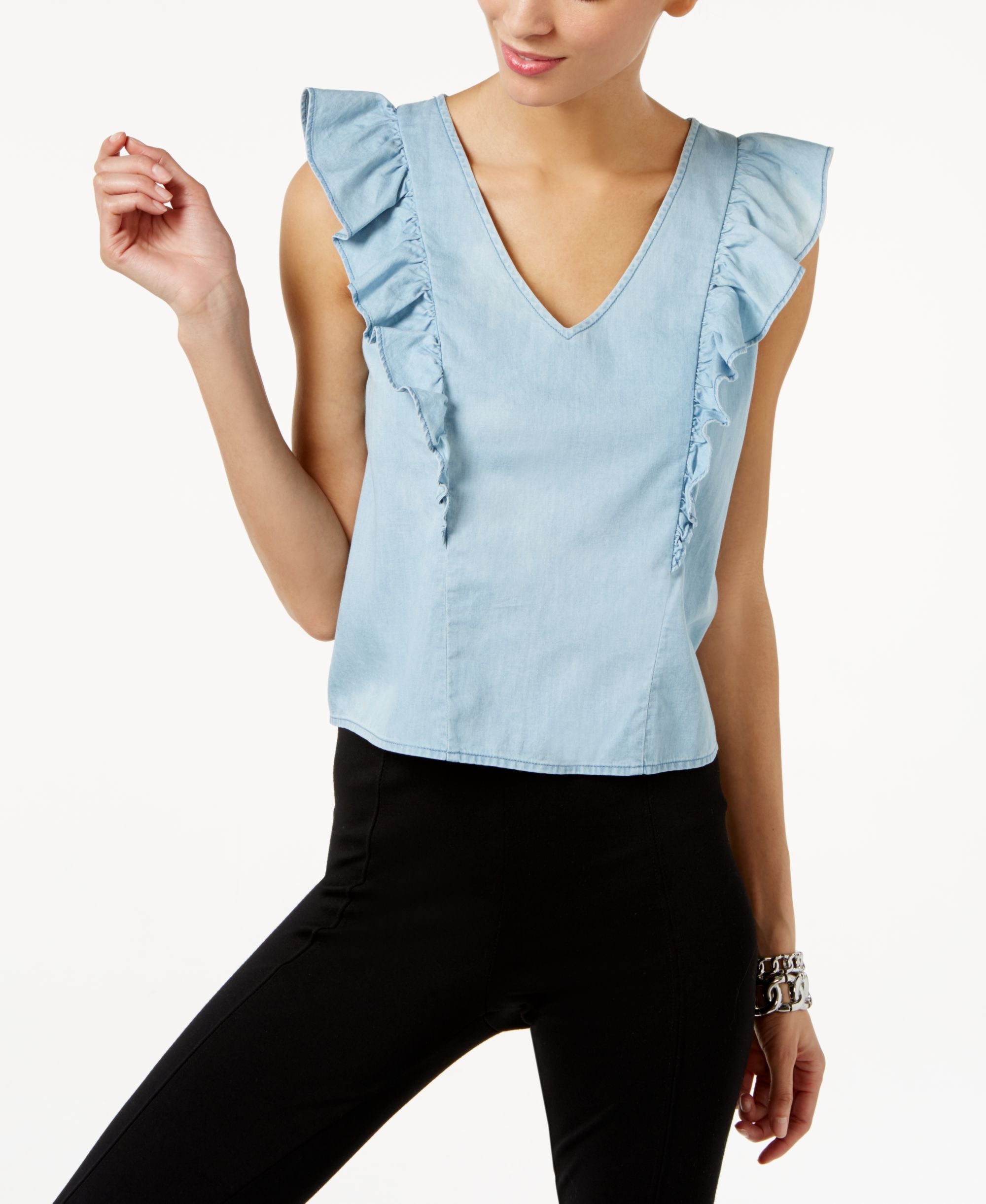 Marled Ruffled V Neck Top