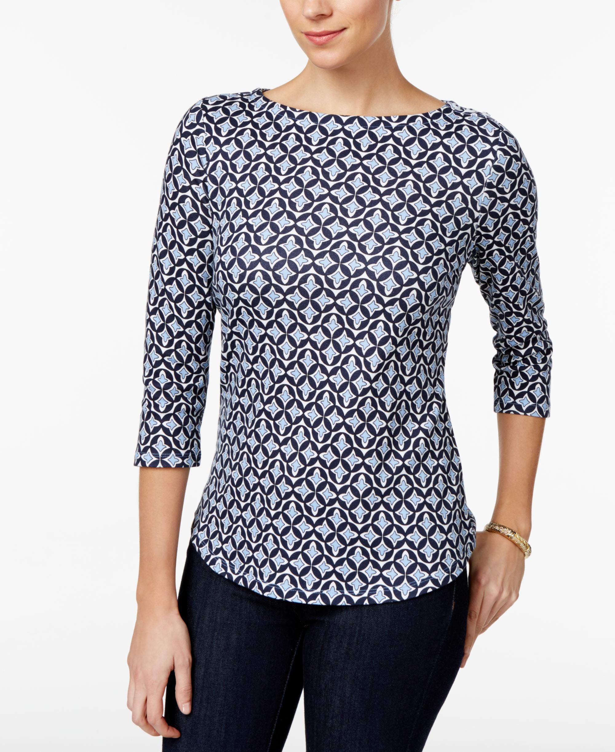 Charter Club Button Shoulder Print Top