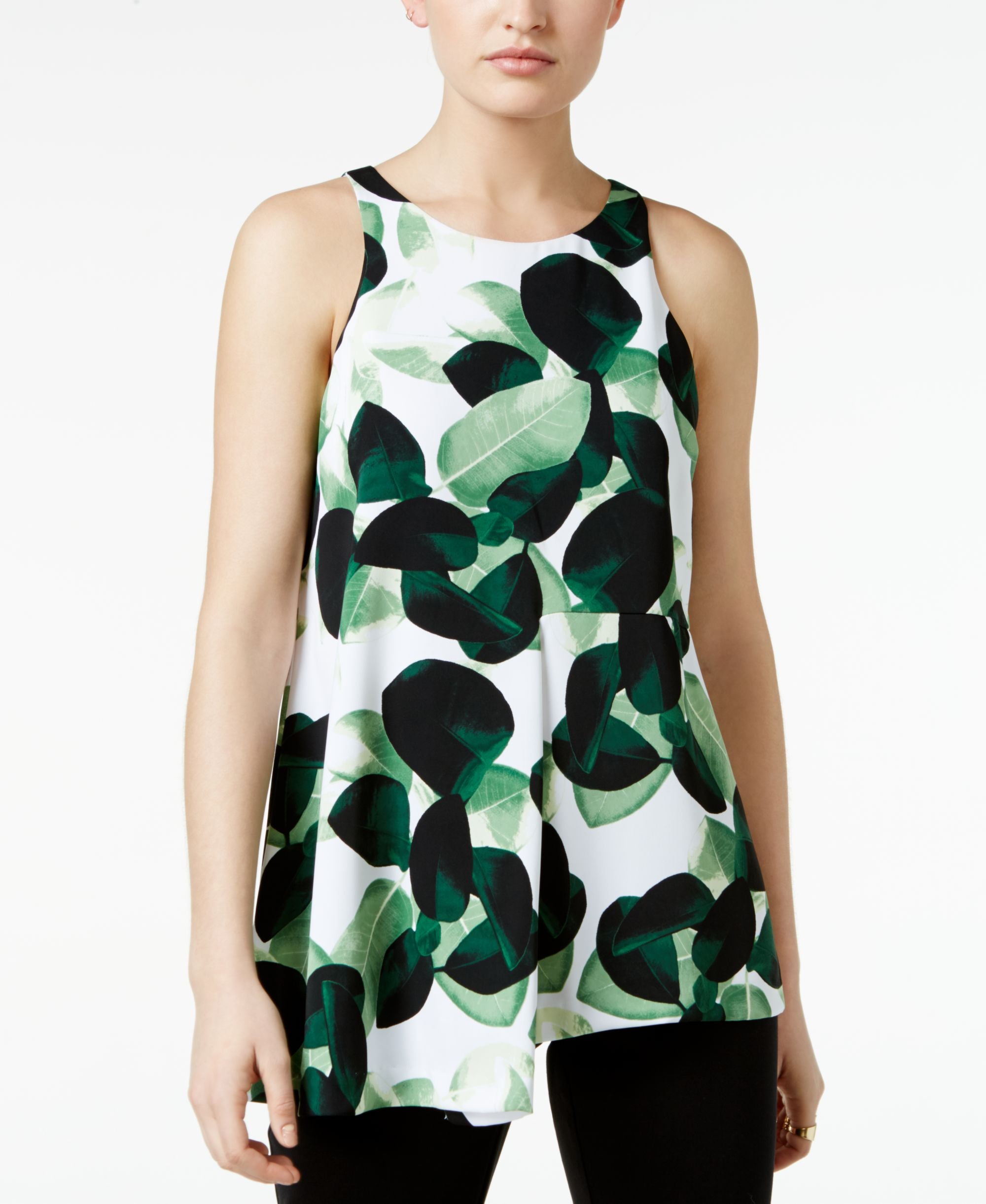 Alfani Petite Leaf Print Asymmetrical Top