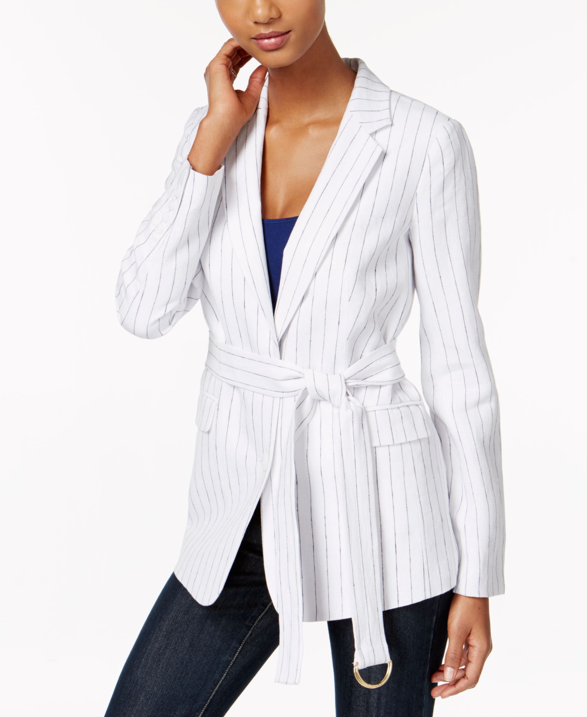 Michael Michael Kors Linen Pinstriped Belted Blazer