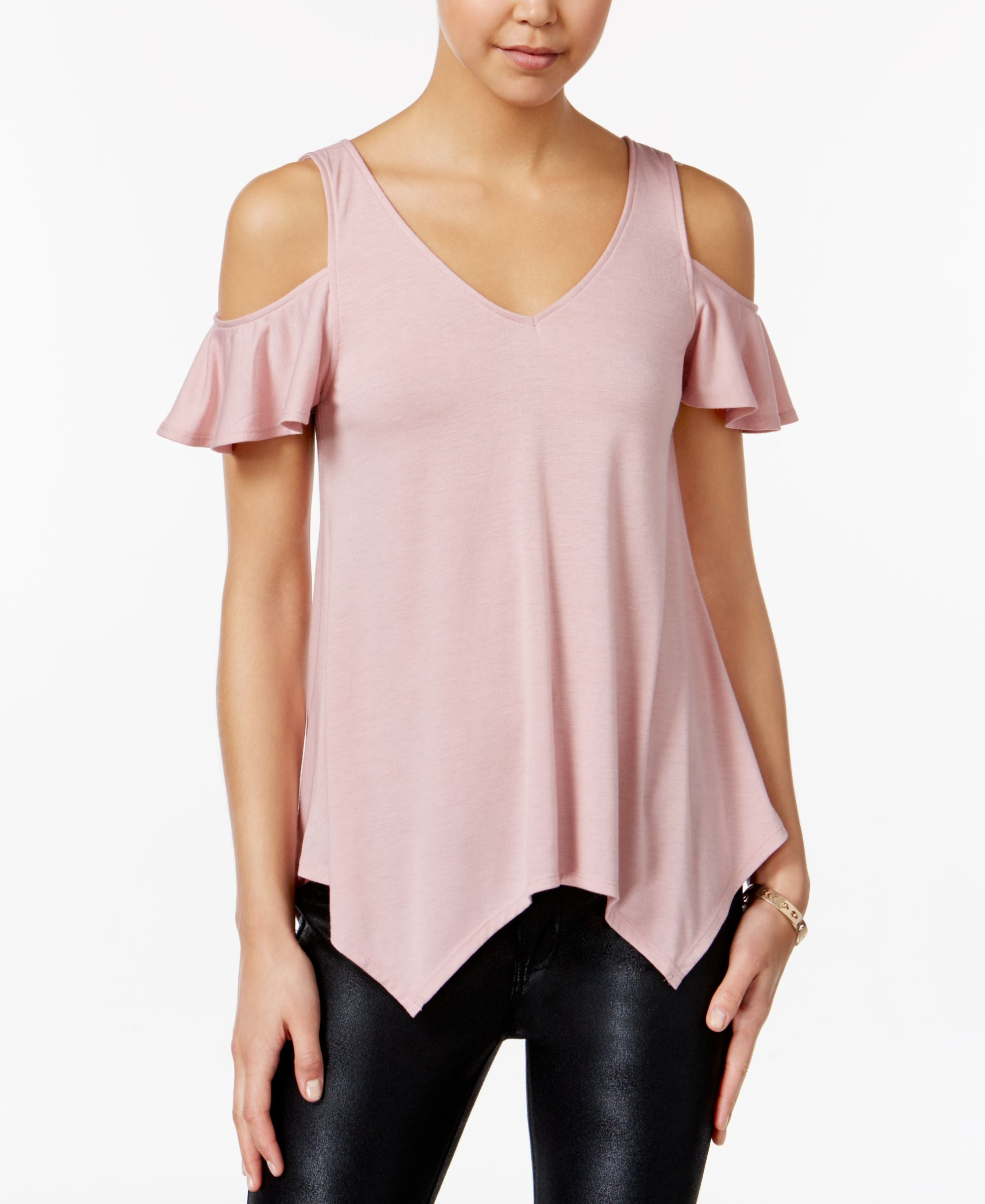 Almost Famous Juniors Ruffle Sleeve Cold Shoulder Top