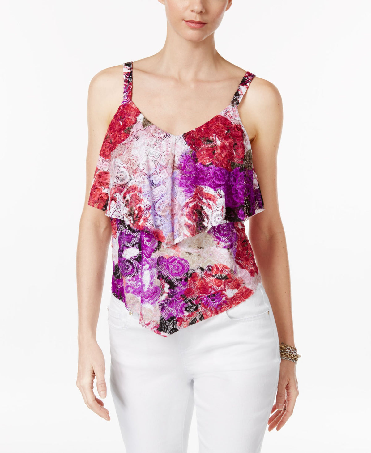 INC International Concepts Petite Printed Tiered Lace Top