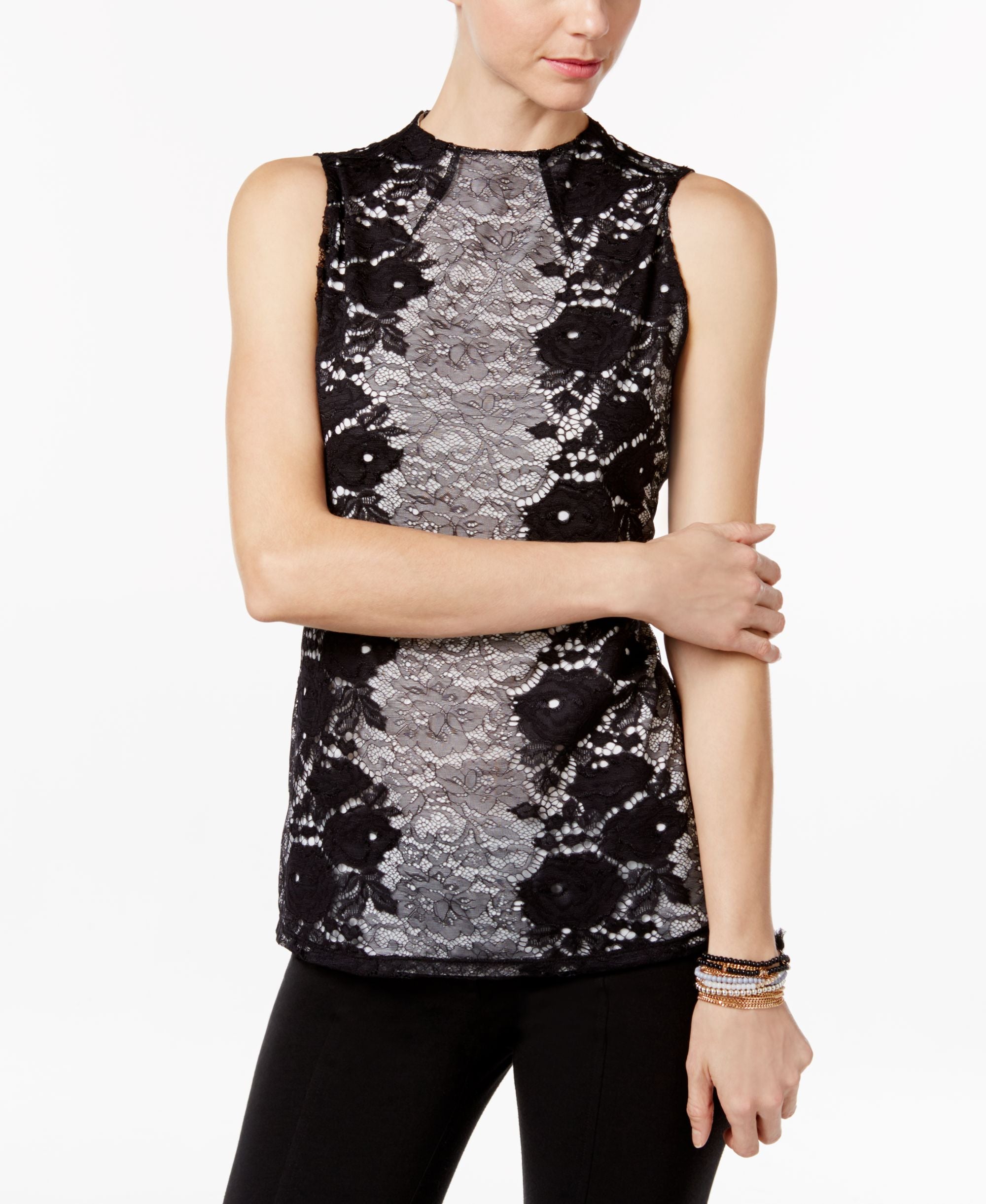 INC International Concepts Petite High Neck Lace Top