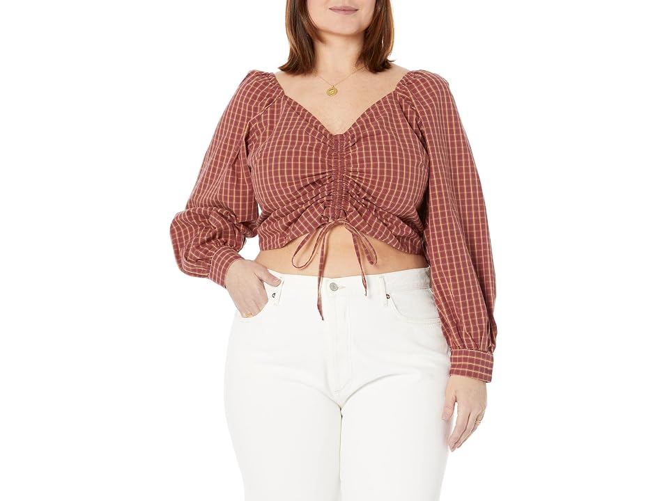 Trendy Plus Size Devin Cotton Plaid Ruched Balloon-Sleeve Top