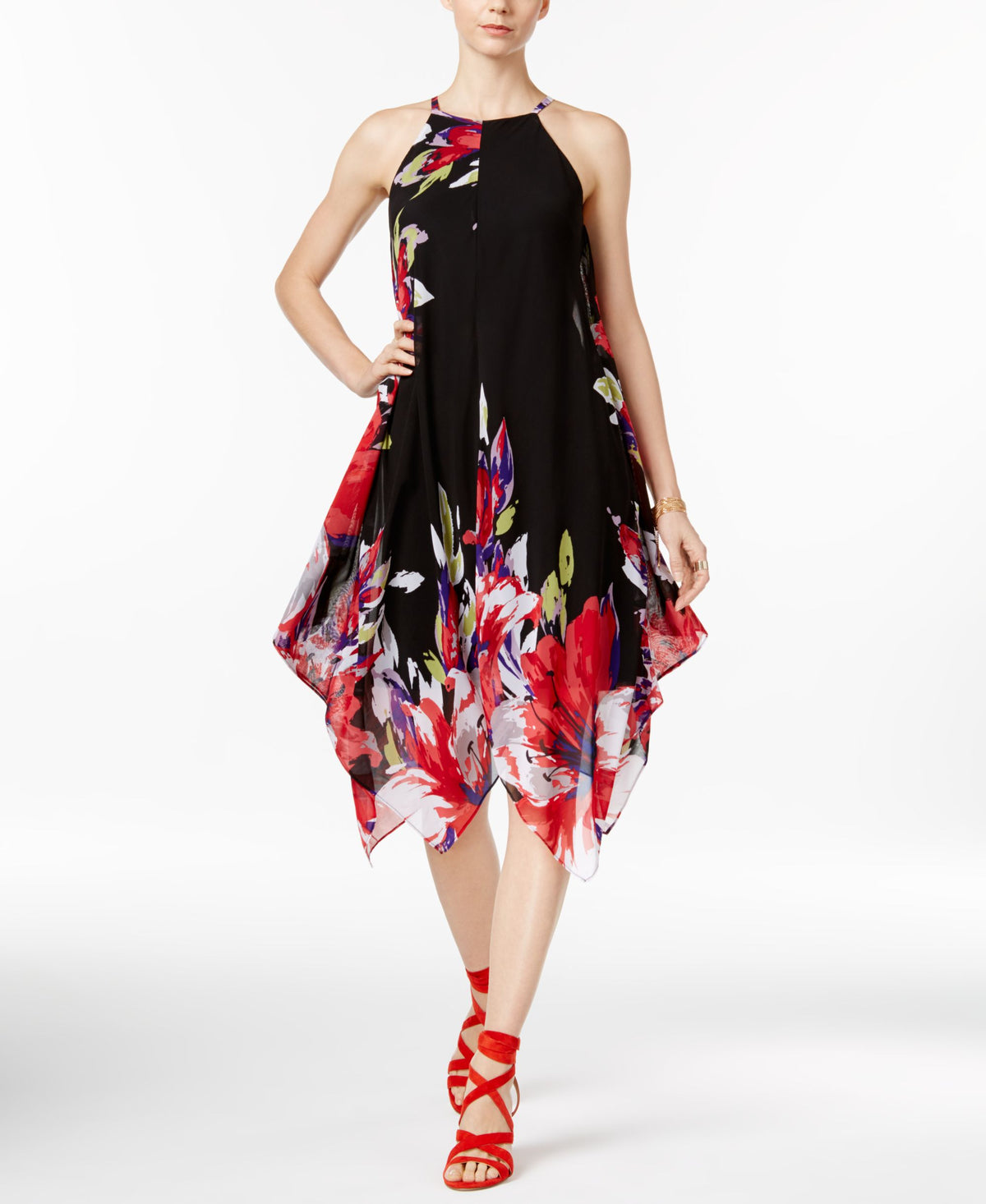 INC International Concepts Petite Floral Print Handkerchief Hem Dress