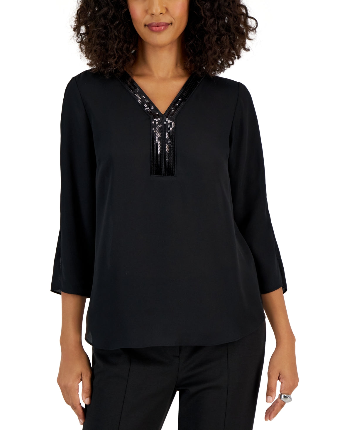 Petite Sequined-Trimmed Y-Neck 3/4-Sleeve Top