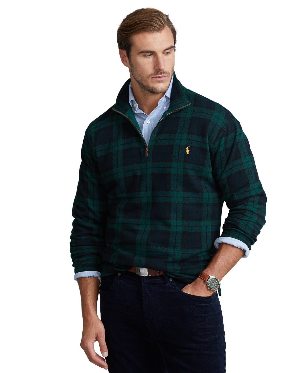 Polo Ralph Lauren Men's Big & Tall Estate-Rib Quarter-Zip Pullover - Blackwatch Plaid