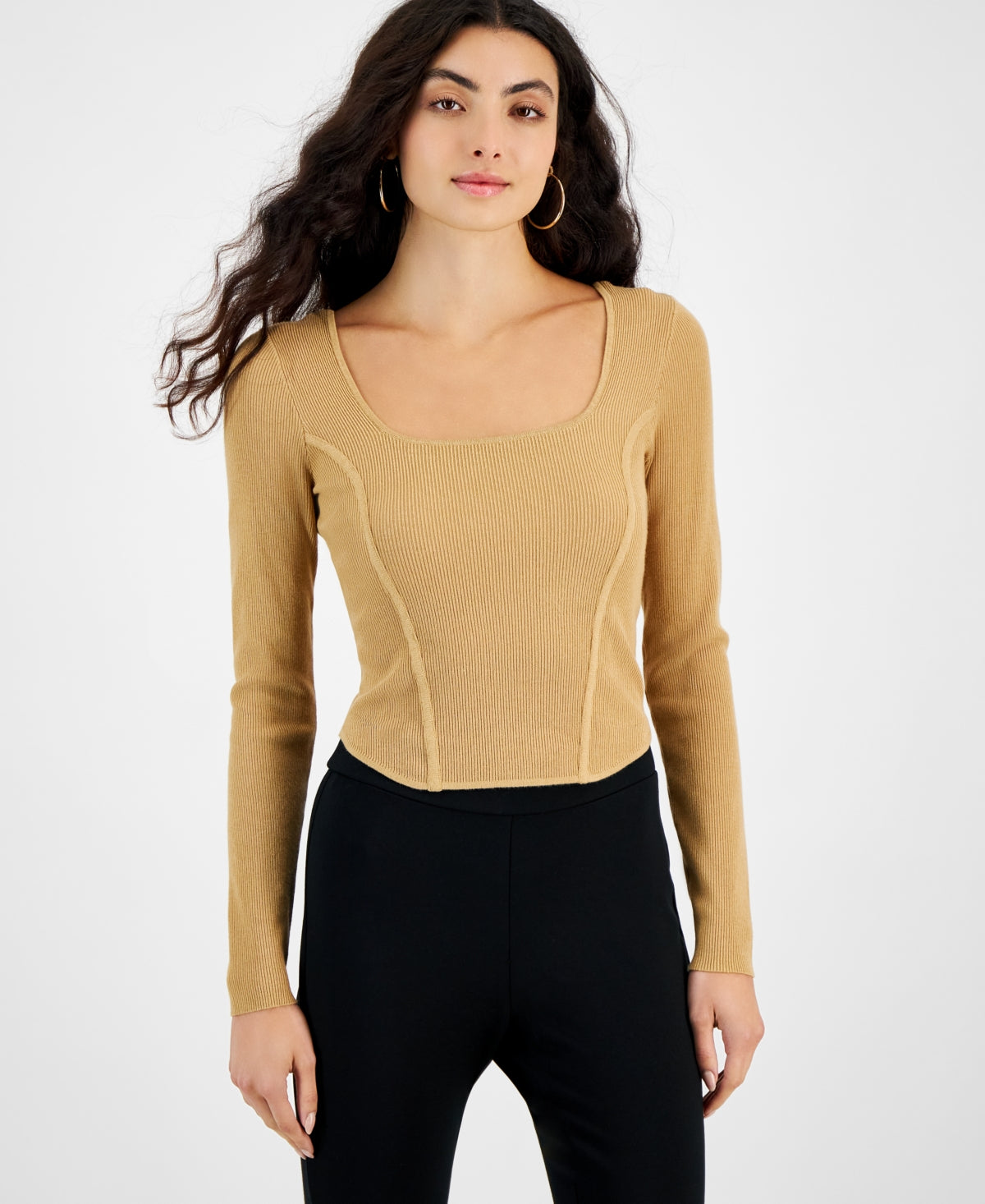Women's Ribbed Square-Neck Long-Sleeve Sweater