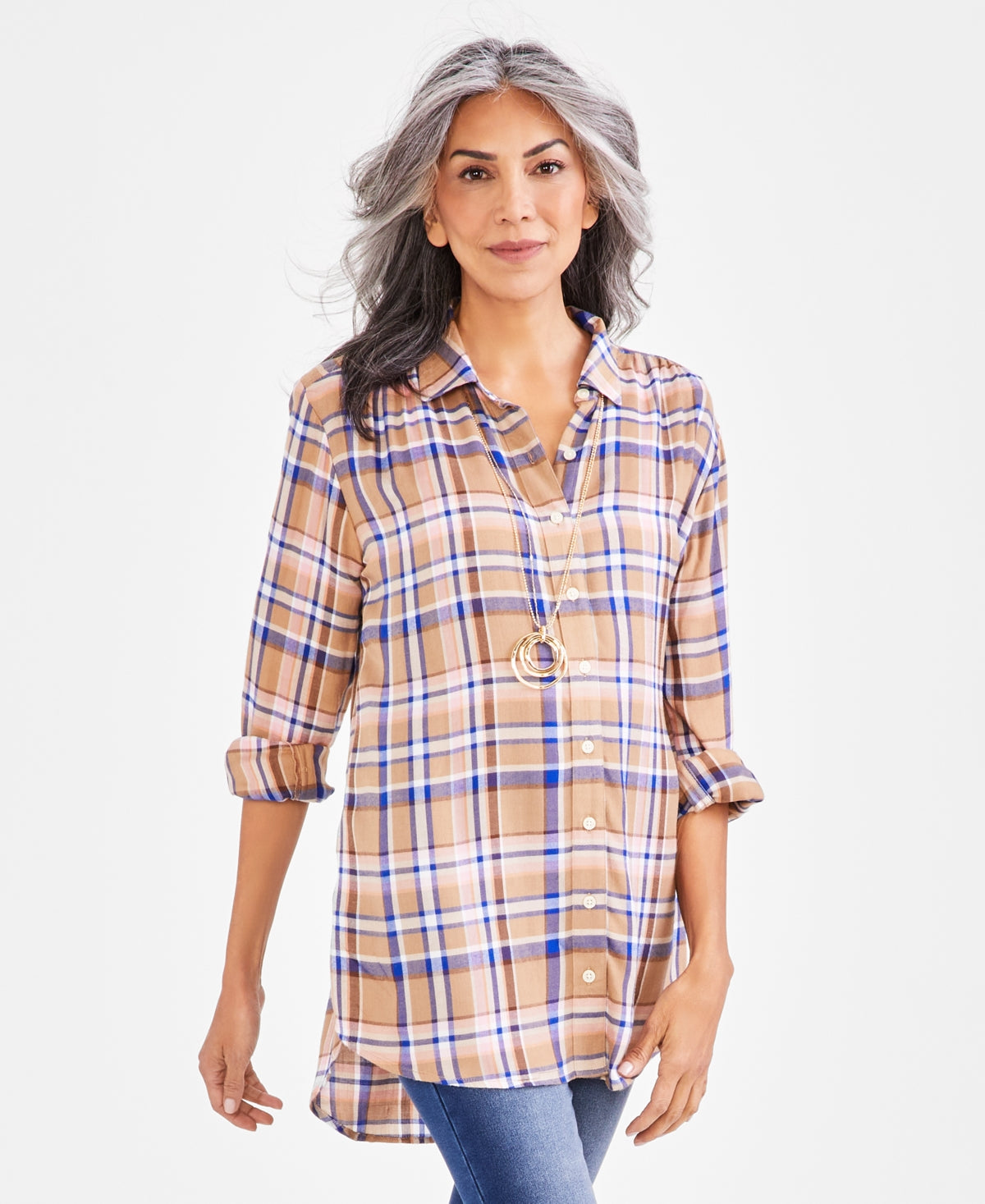 Petite Payton Plaid Long-Sleeve Boyfriend Tunic