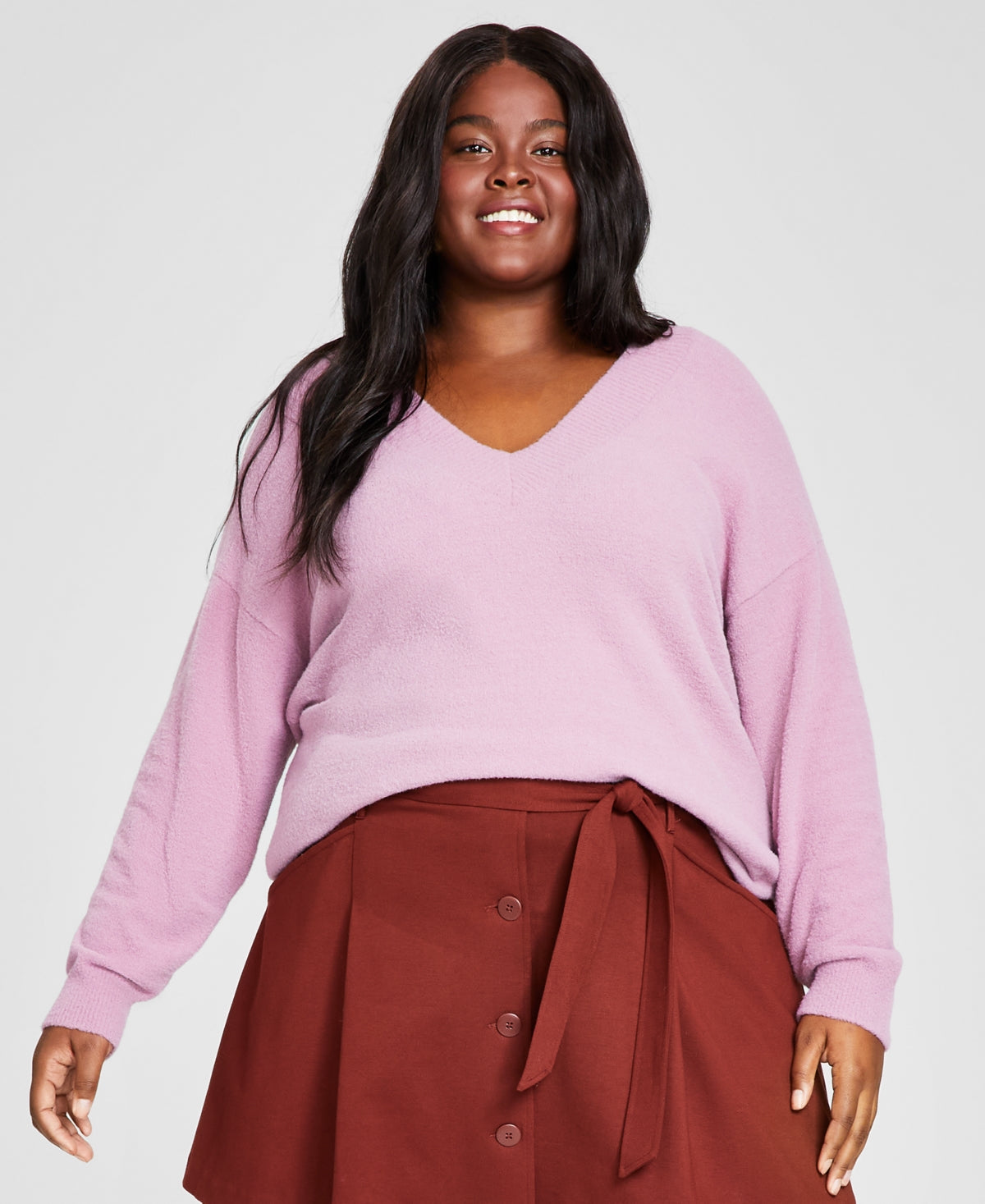 Trendy Plus Size V-Neck Drop-Shoulder Sweater