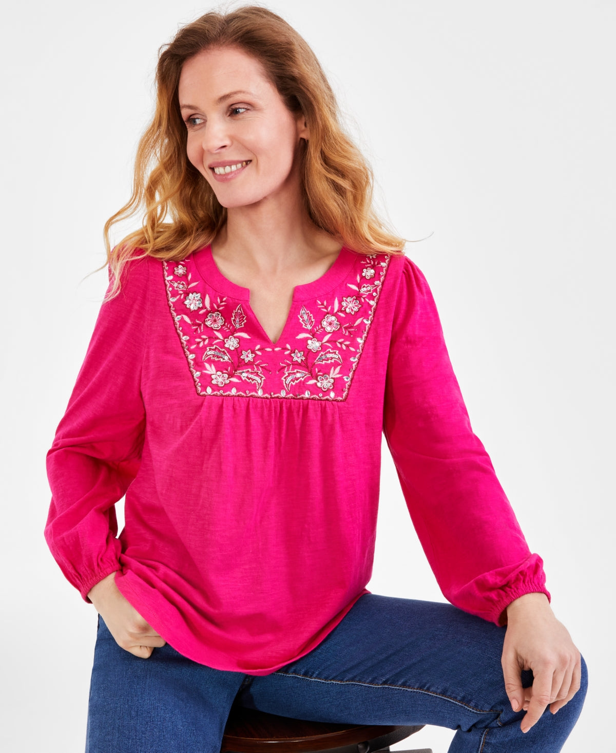 Plus Size Embroidered Split-Neck Top
