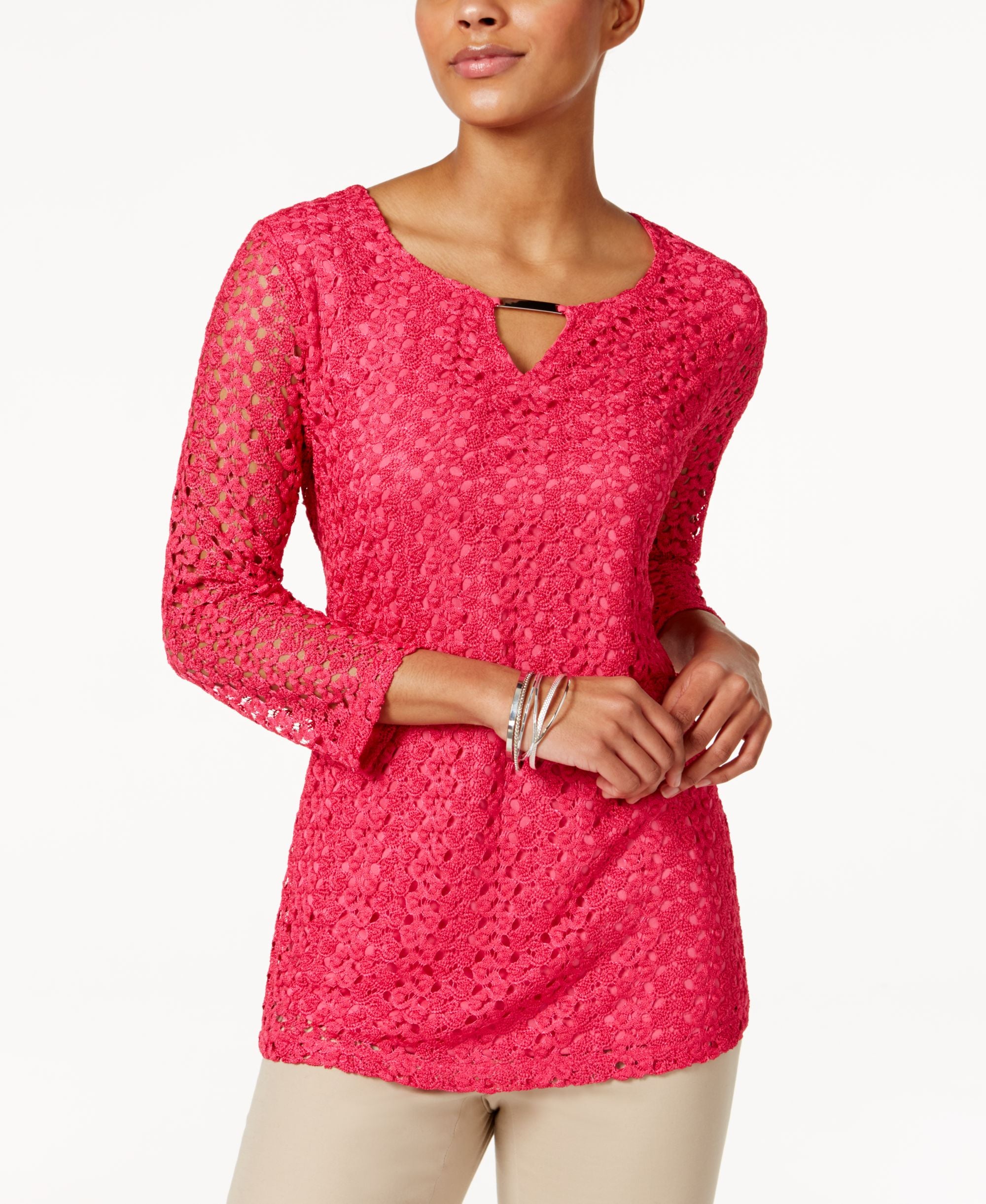 JM Collection Crochet Lace Keyhole Top