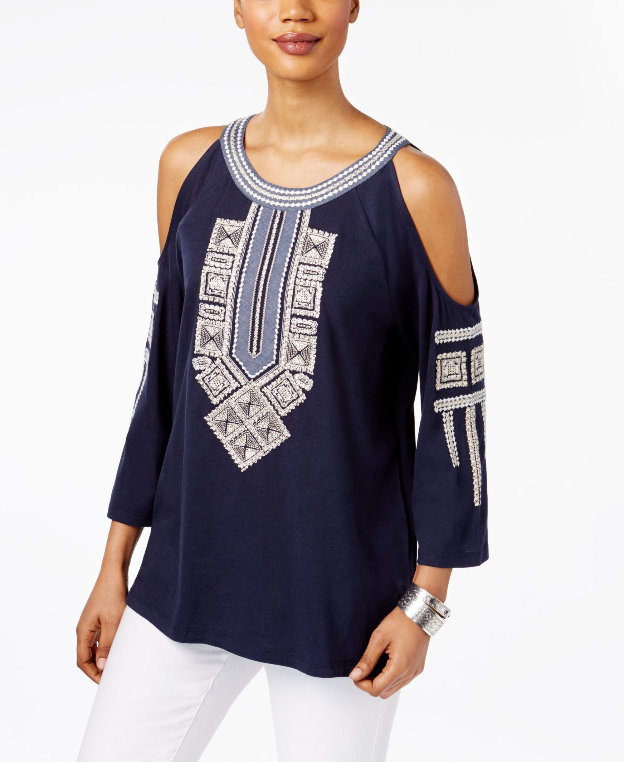Style & Co Embroidered Cold Shoulder Top
