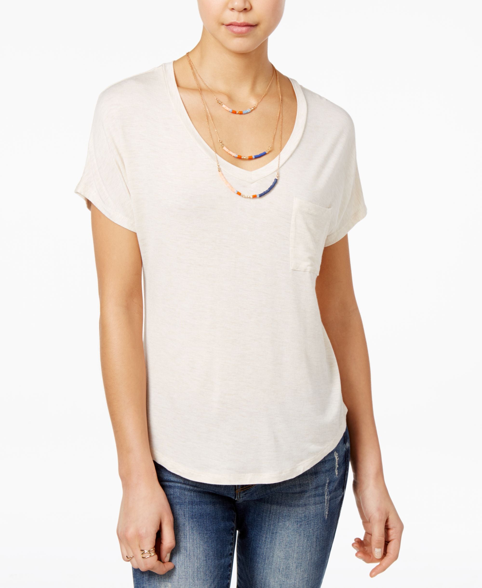 Belle Du Jour Juniors V Neck High Low T-Shirt With Necklace