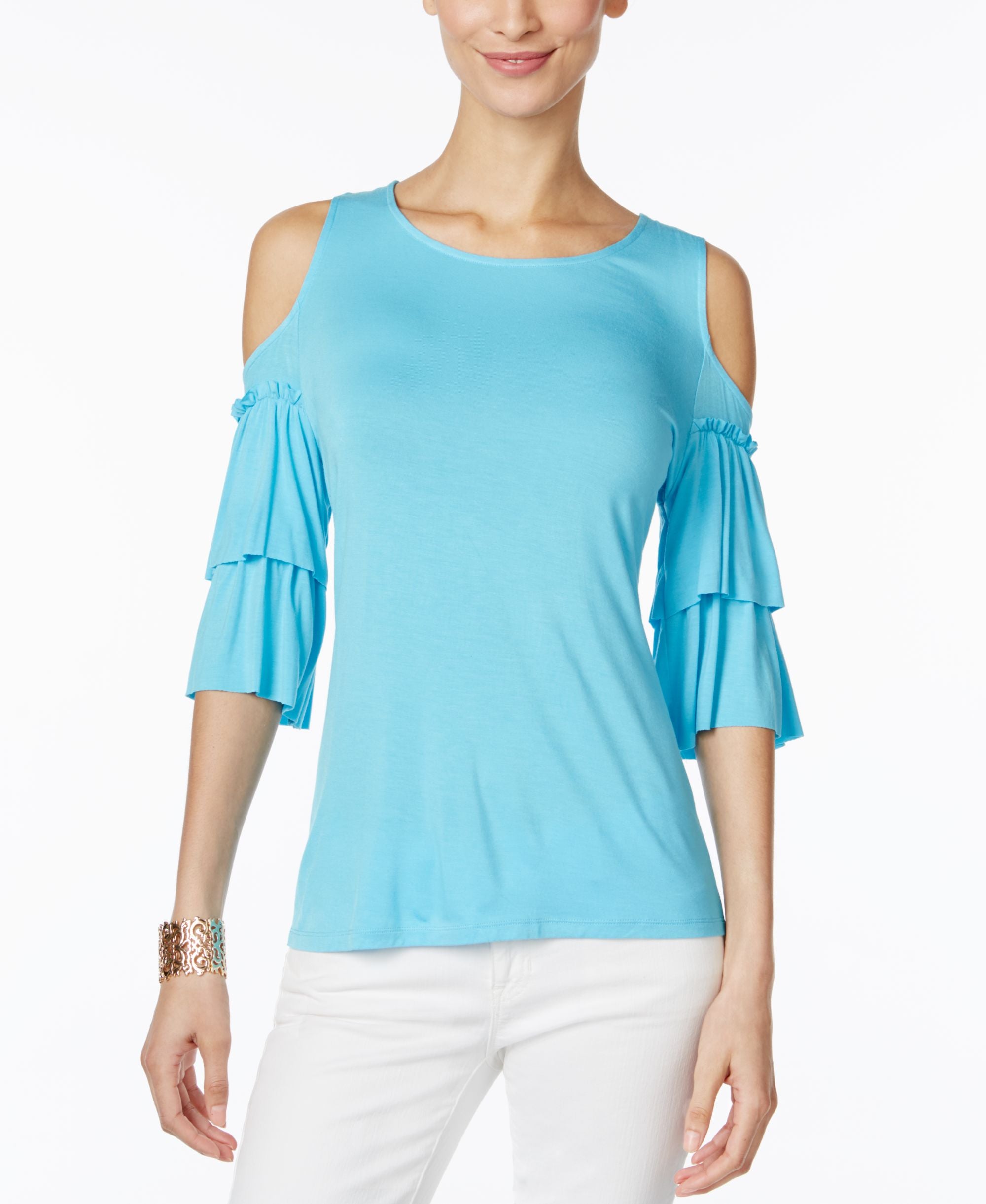 INC International Concepts Ruffled Cold Shoulder Top