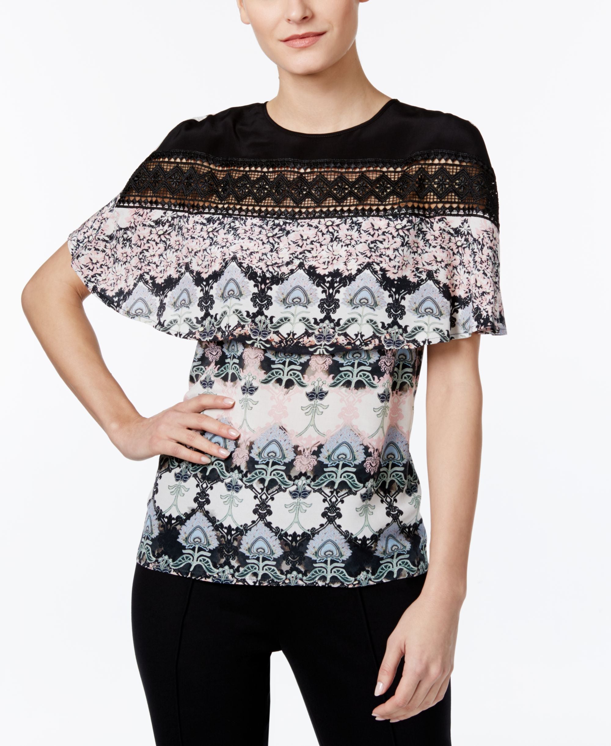Yyigal Printed Lace Inset Cape Top