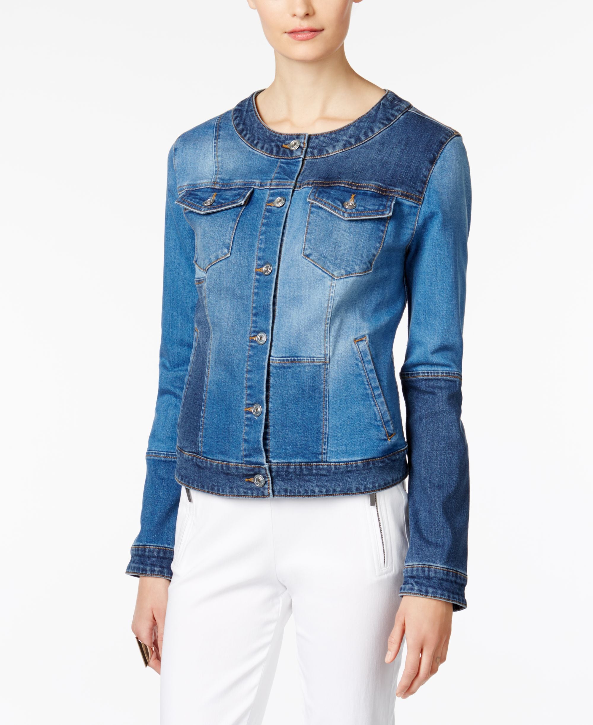 INC International Concepts Patchwork Denim Trucker Jacket