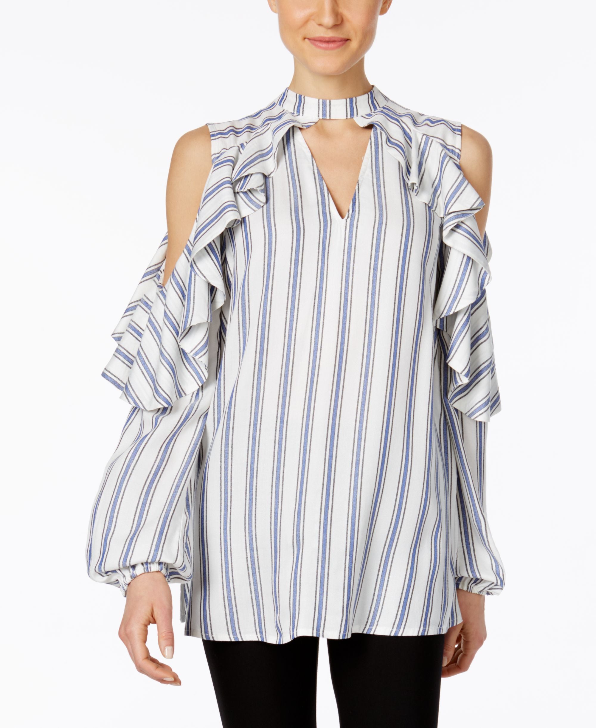 Marled Ruffled Cold Shoulder Blouse