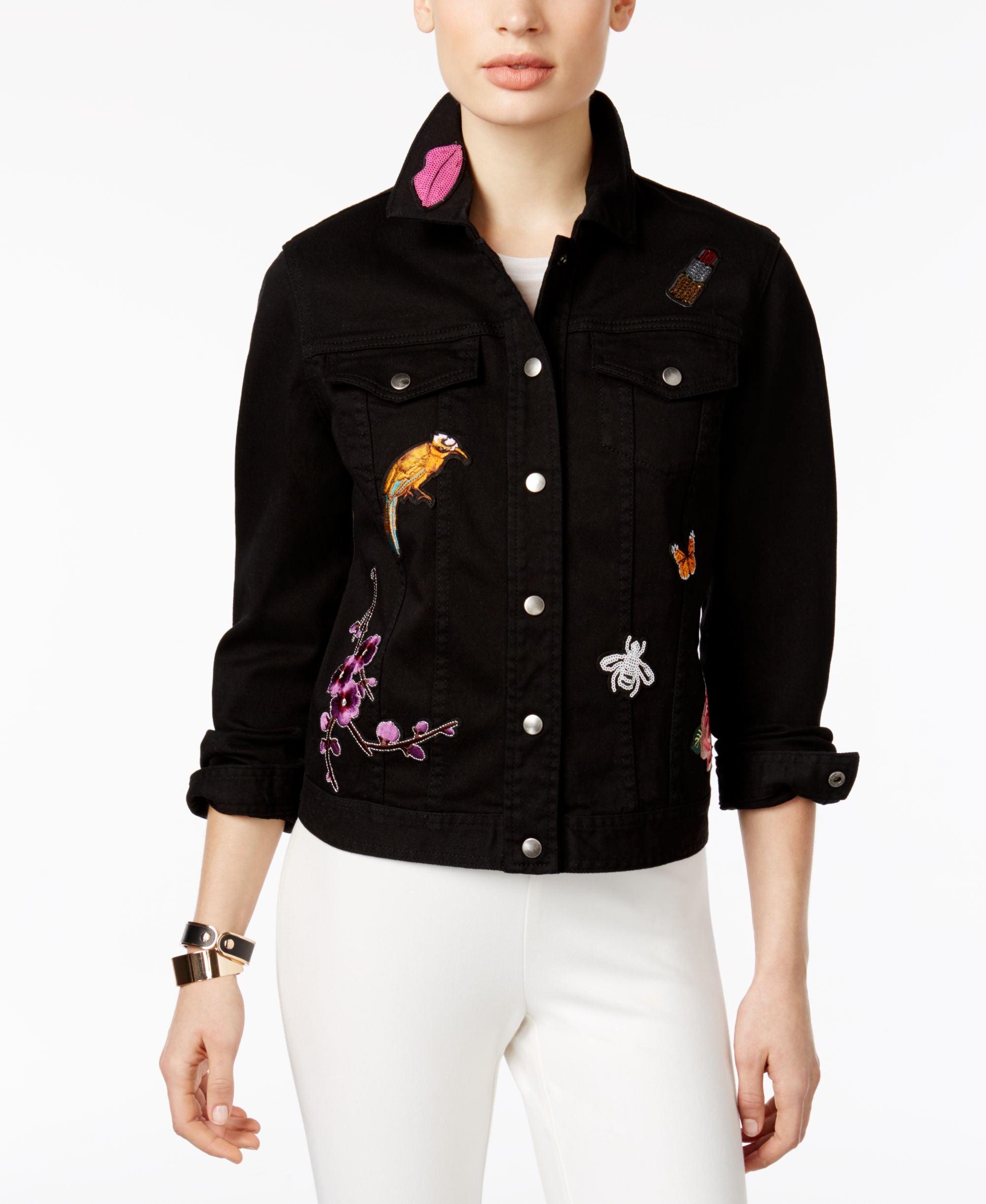 NY Collection Cotton Patched Denim Jacket