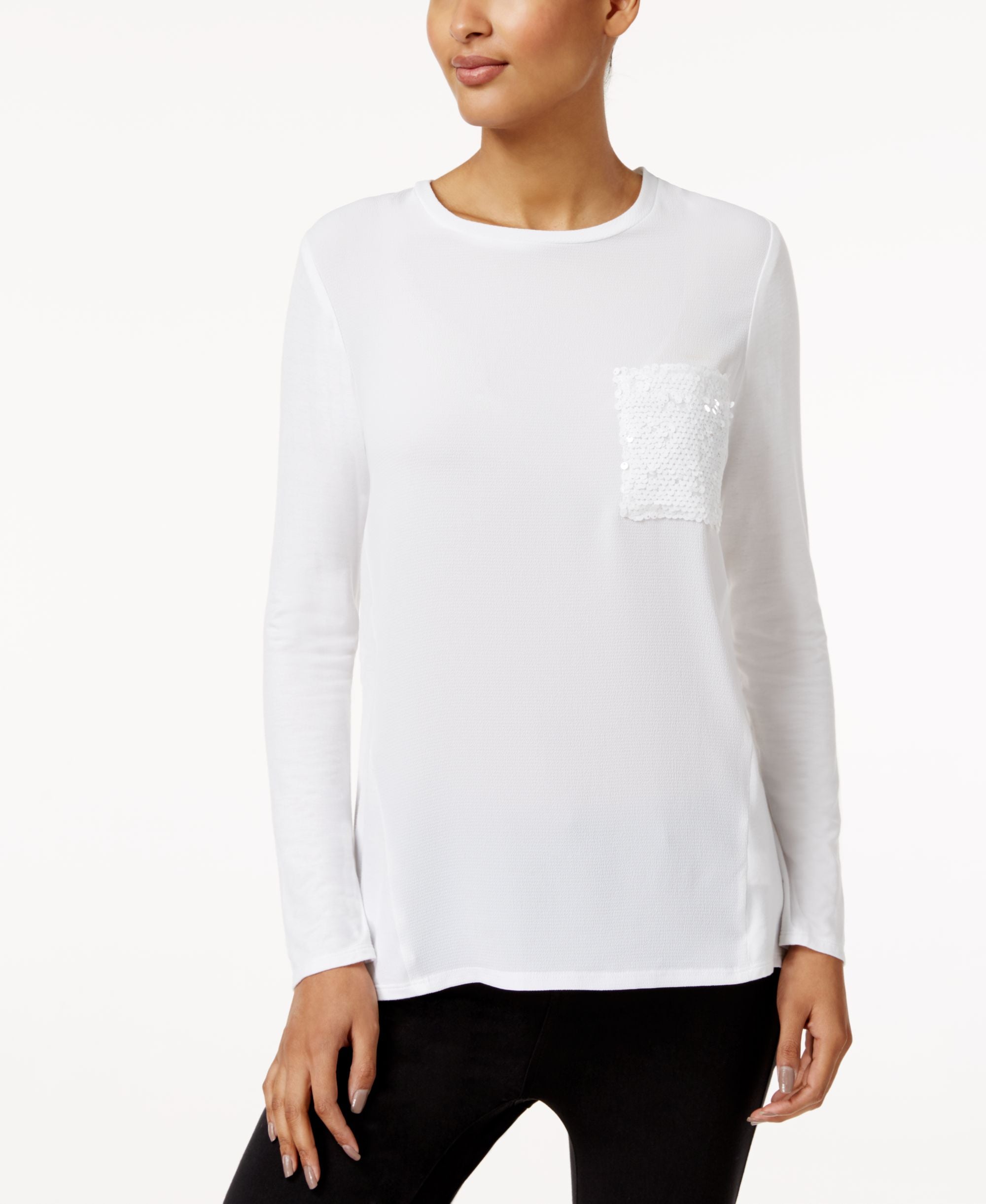 NY Collection Mixed Media Sequin Pocket Top