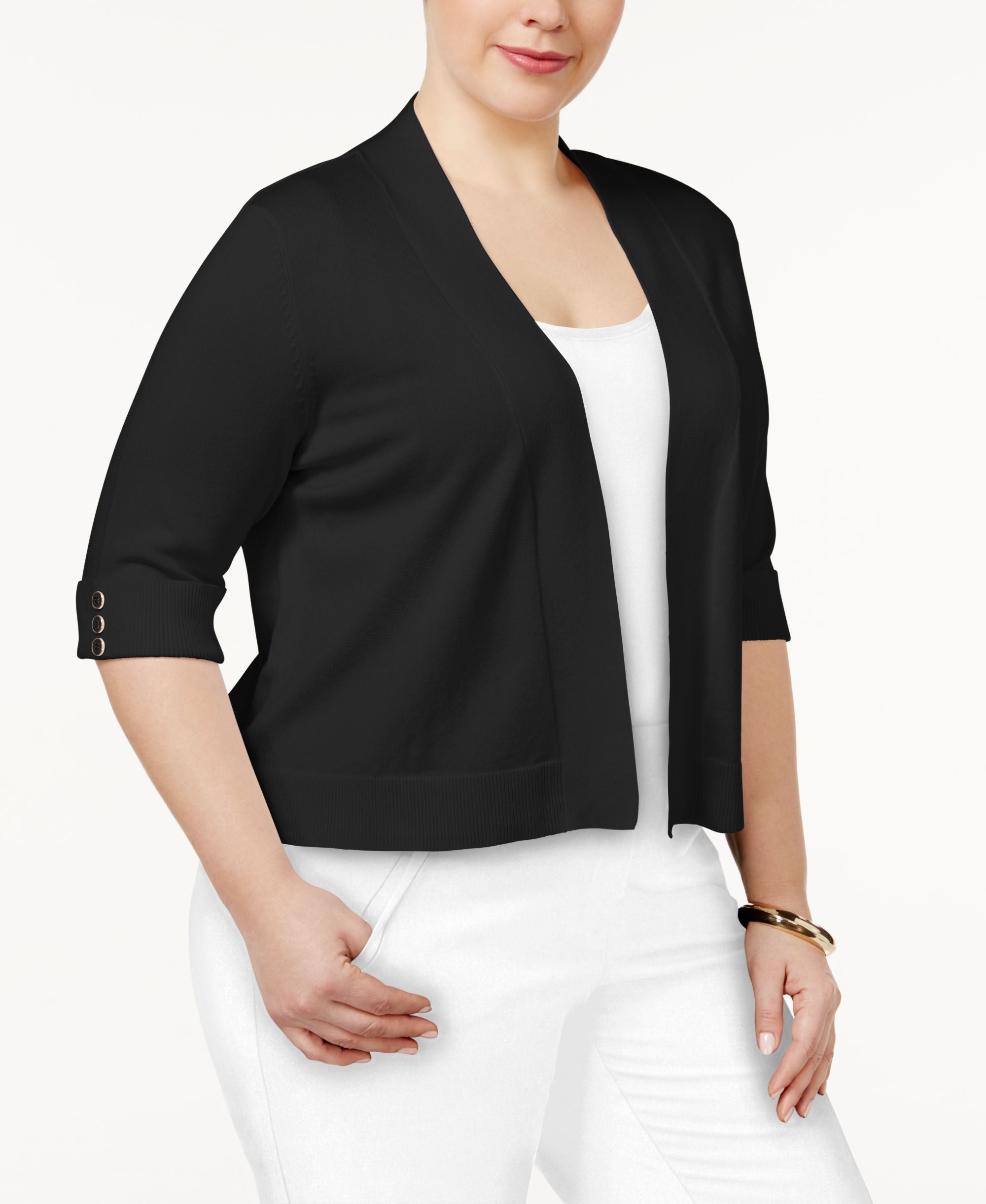 JM Collection Plus Size Open Front Cropped Cardigan