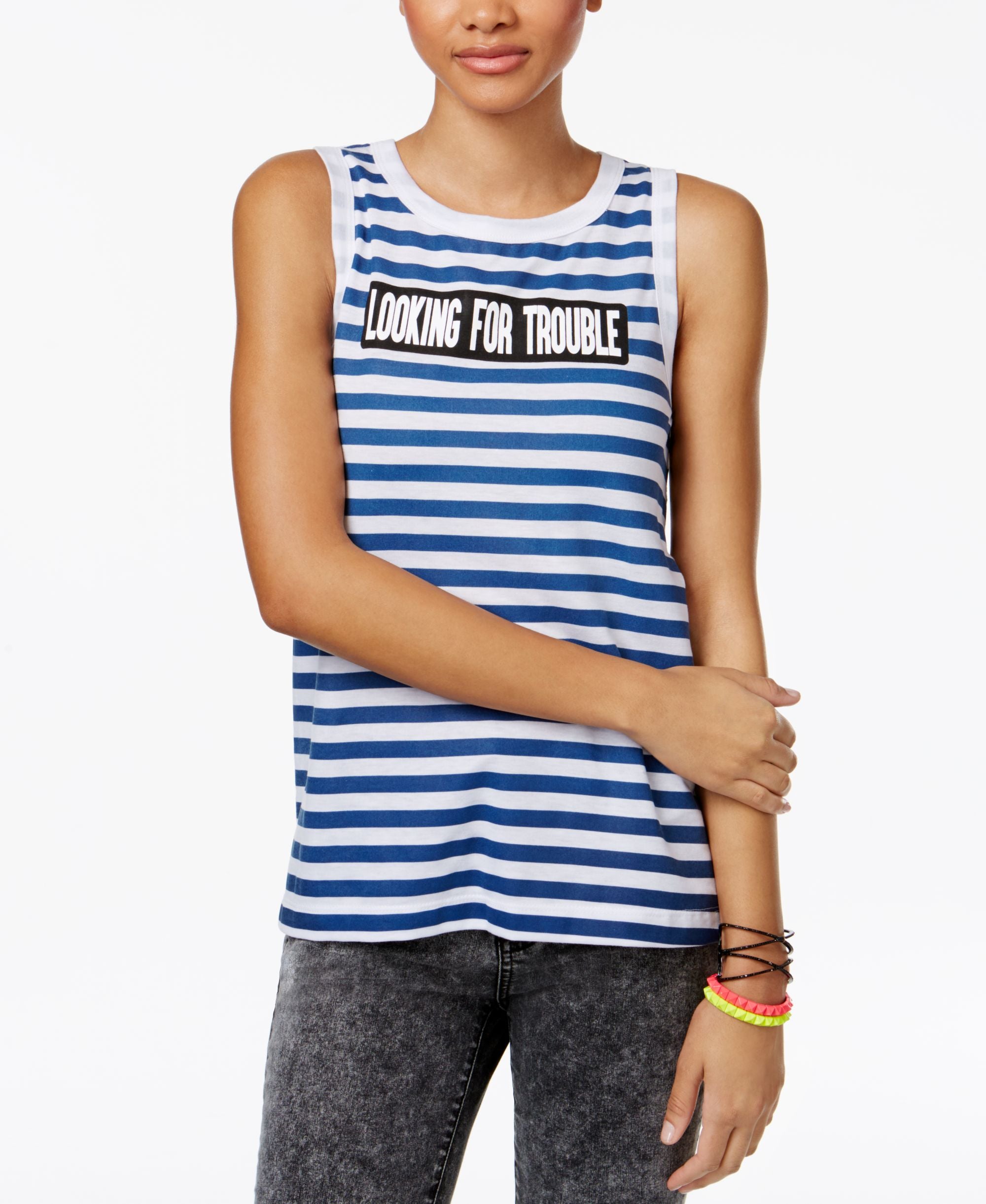 Mighty Fine Juniors Trouble Striped Graphic Tank Top