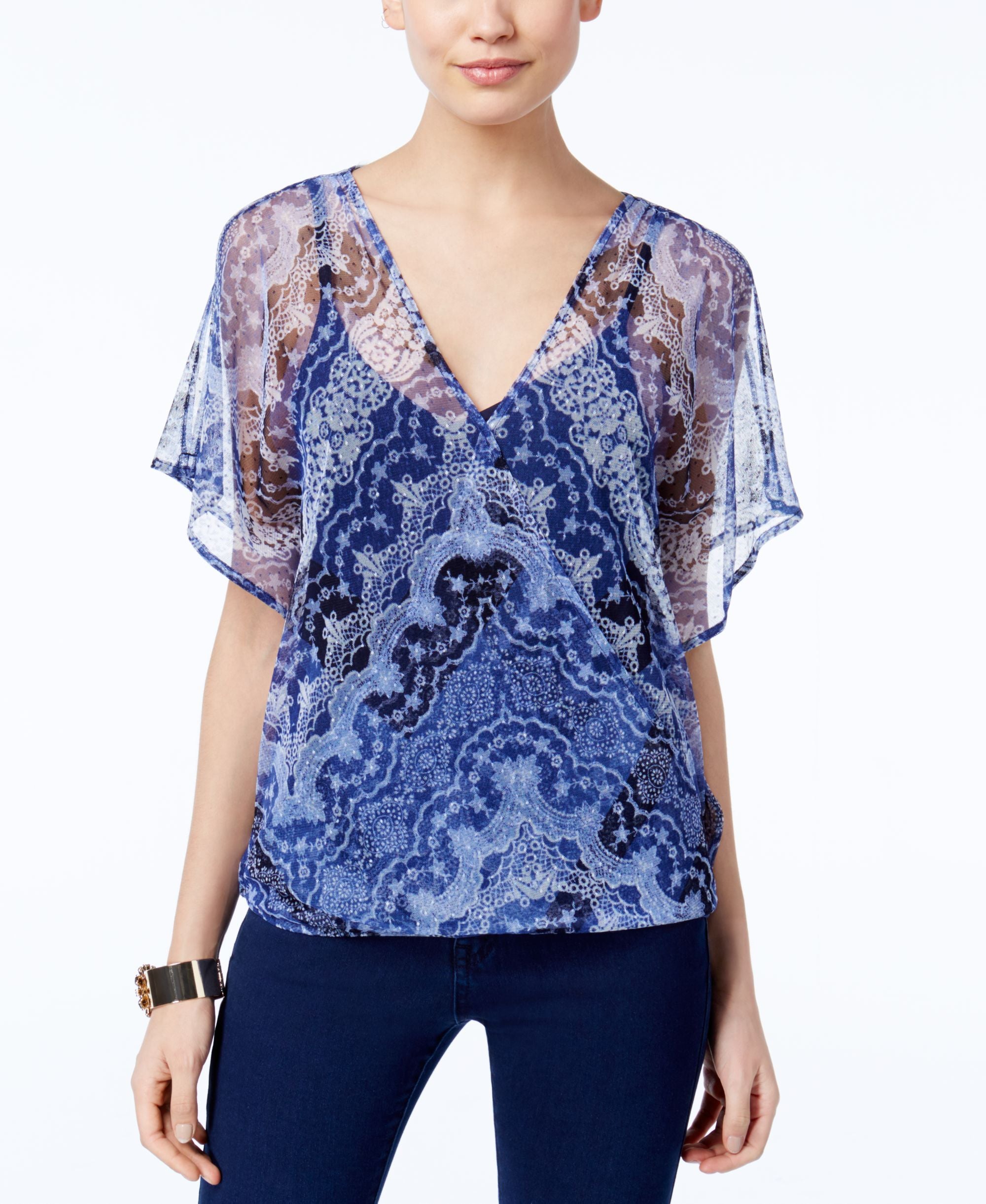 INC International Concepts Flutter Sleeve Printed Top