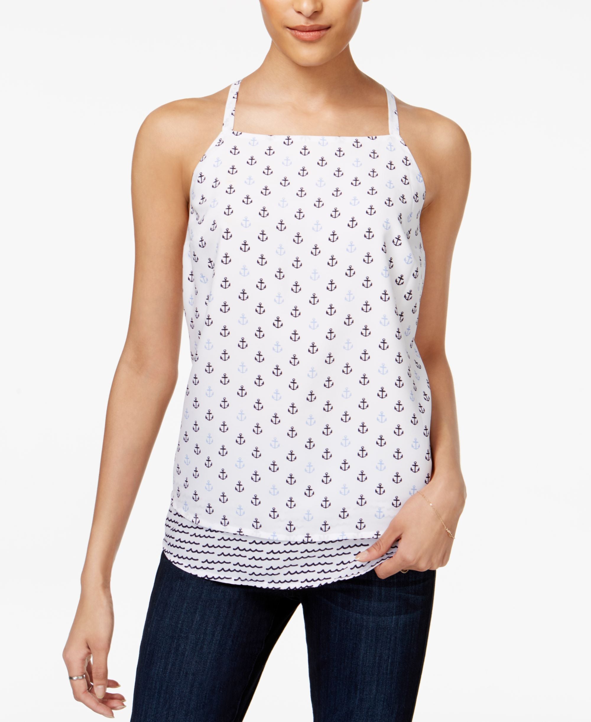 Maison Jules Anchor Print Layered Hem Top