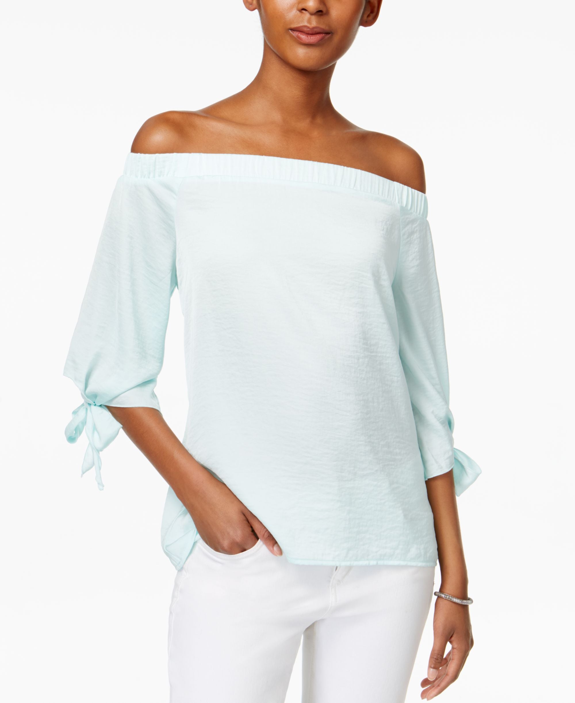 BAR III Off The Shoulder Hammered Satin Top