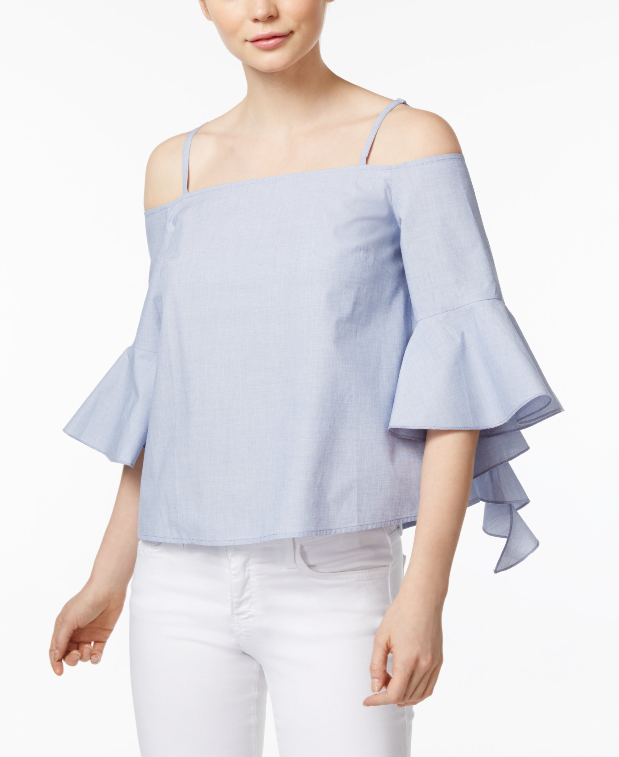 kensie Cotton Ruffled Cold-Shoulder Top