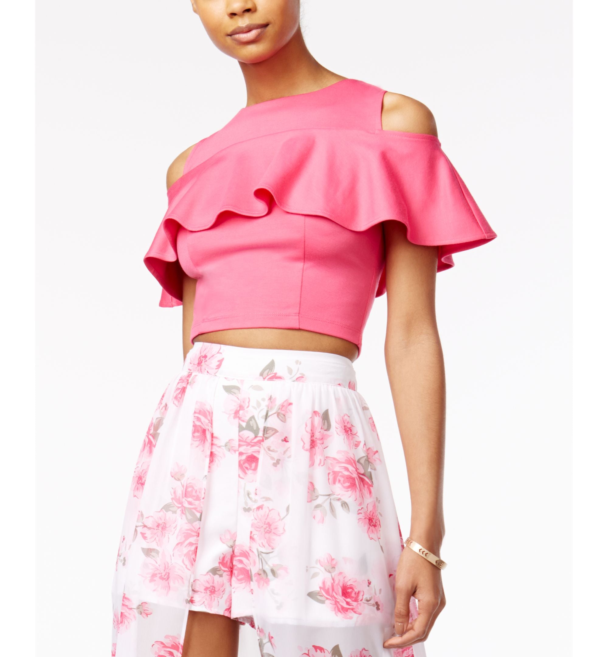 The Edit By Seventeen Juniors' Ruffled Cold-Shoulder Crop Top