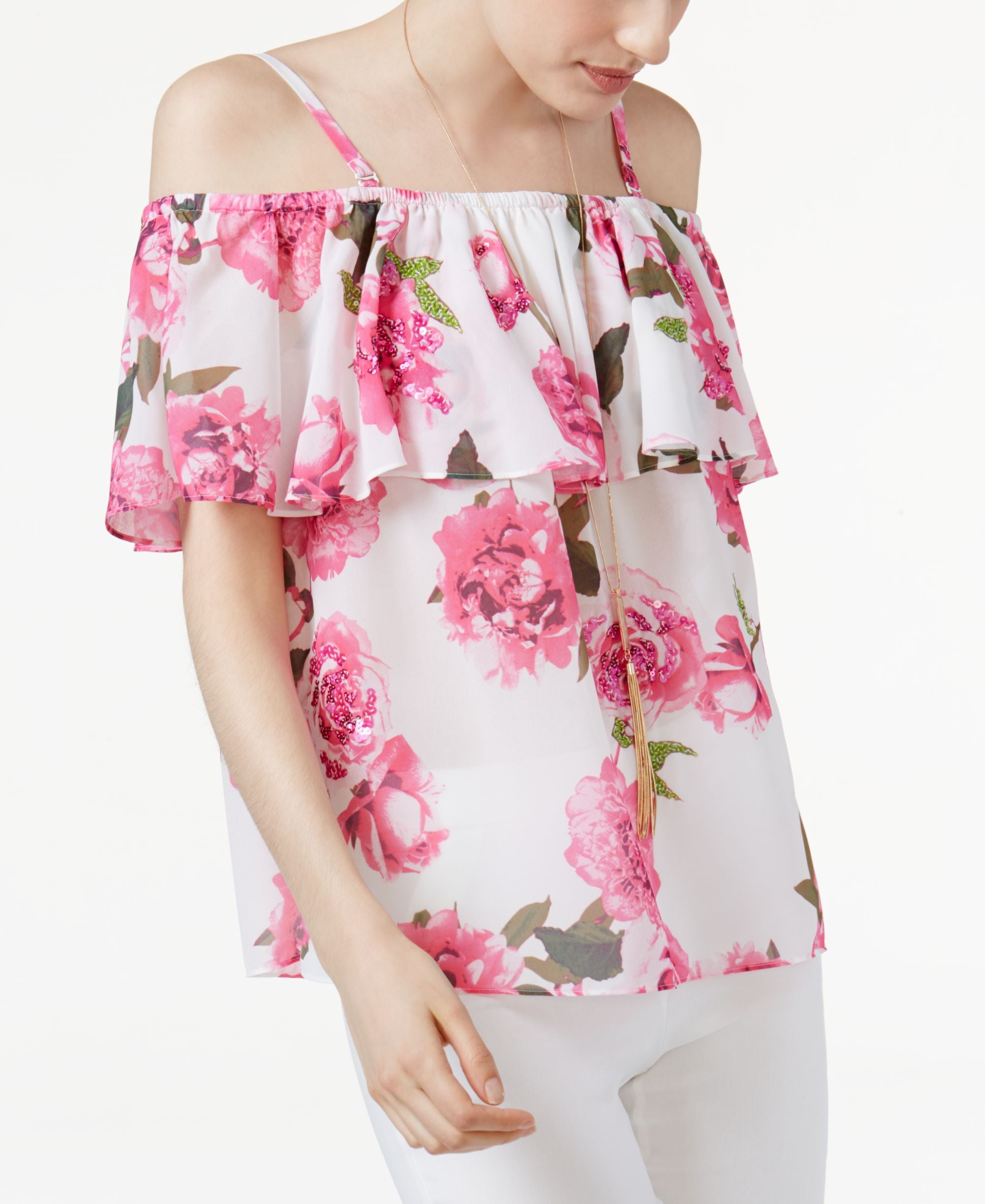INC International Concepts Floral Print Cold Shoulder Top