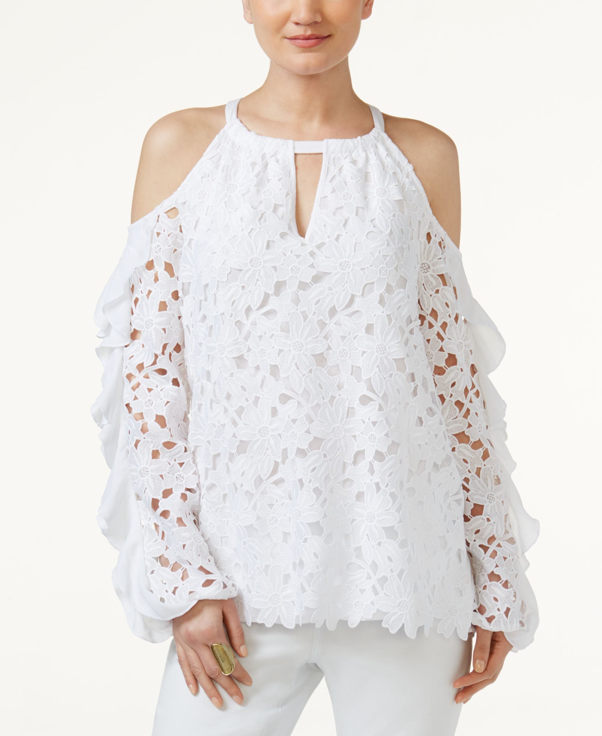 INC International Concepts Lace Cold Shoulder Top