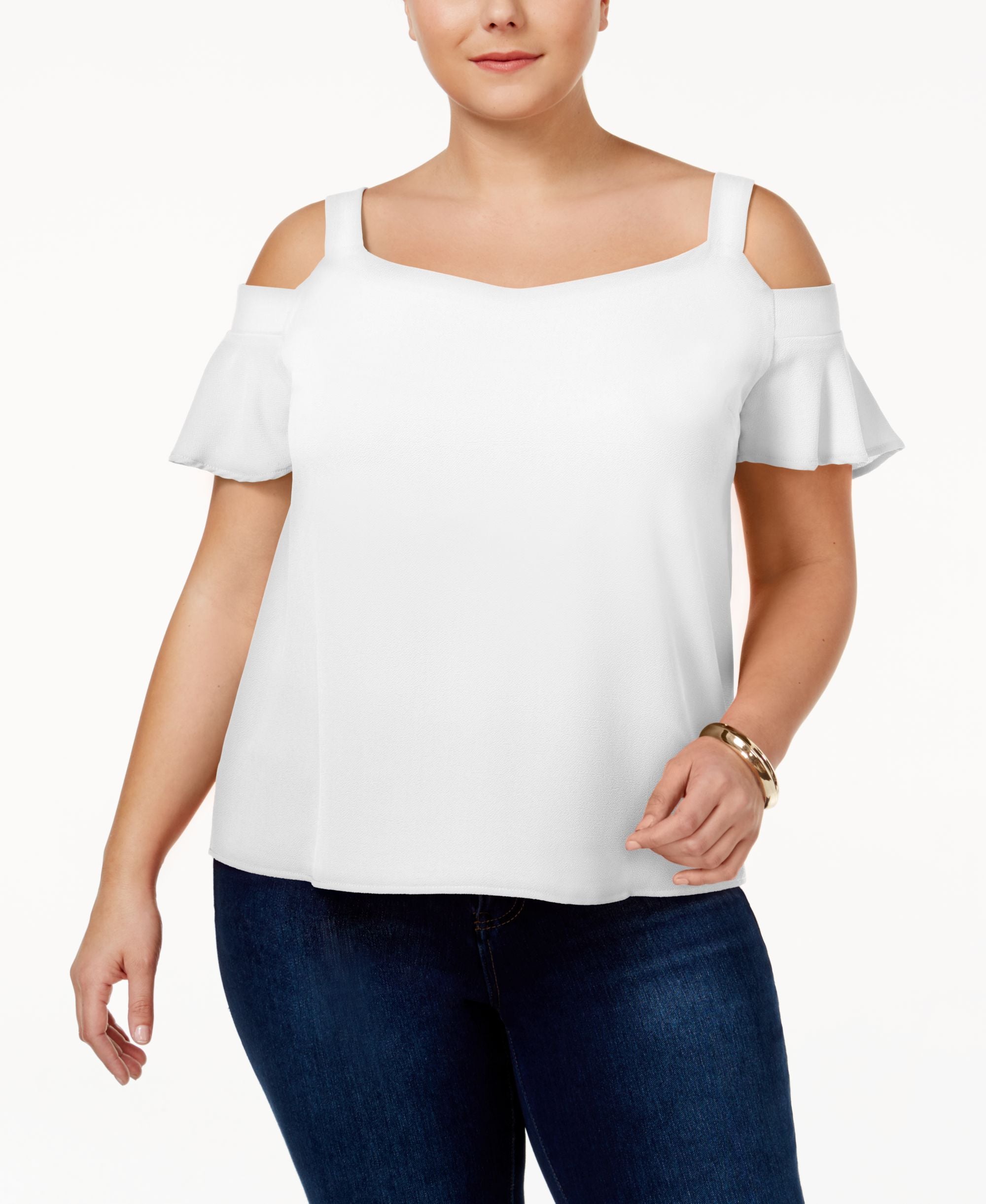 Monteau Trendy Plus Size Flutter Sleeve Cold Shoulder Top