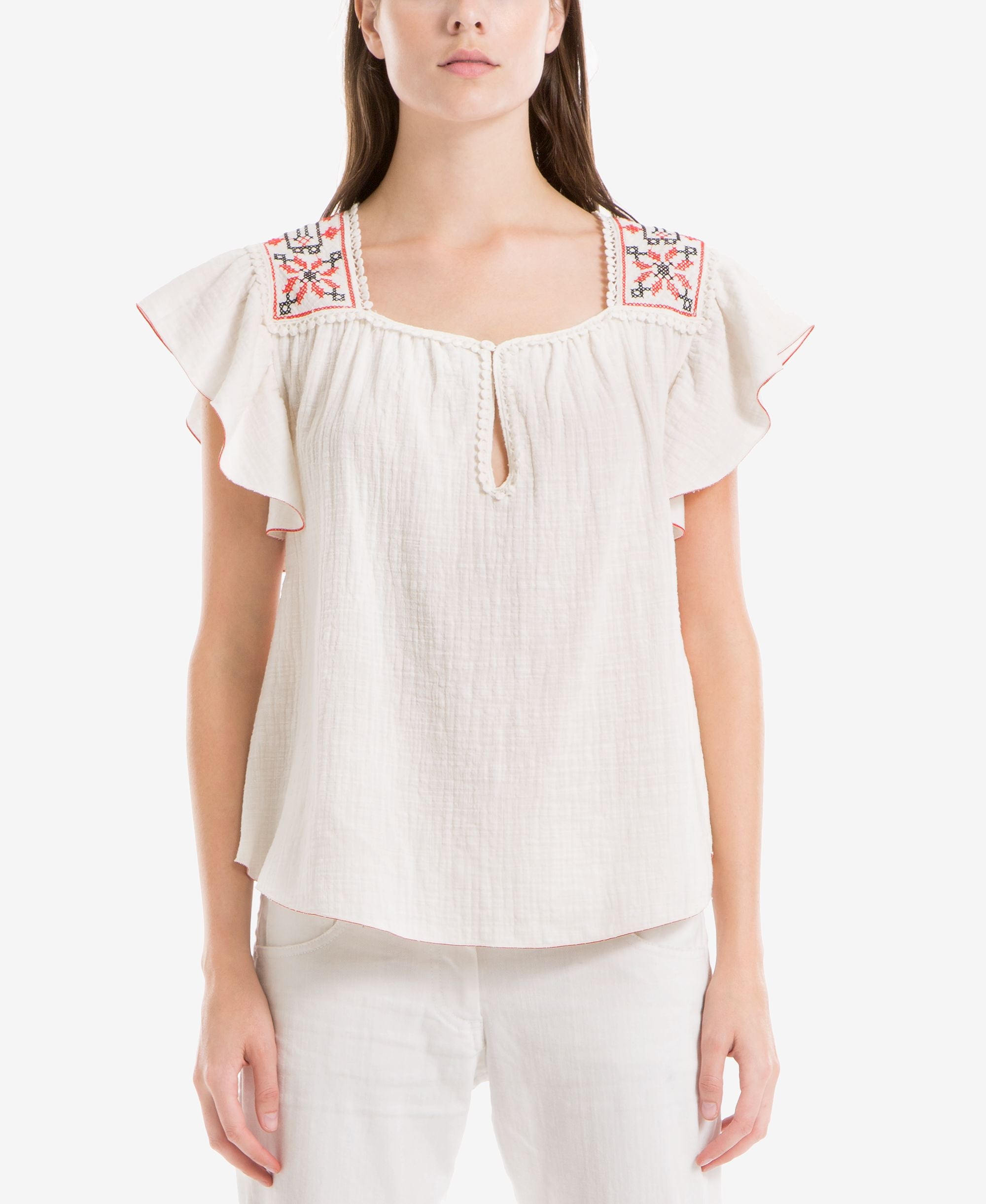 Max Studio London Embroidered Flutter Sleeve Top