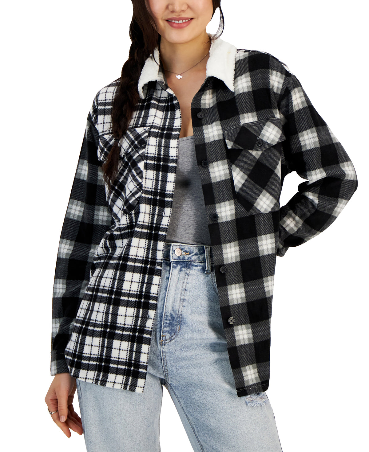Juniors' Plaid Polar Fleece Sherpa-Collar Shacket