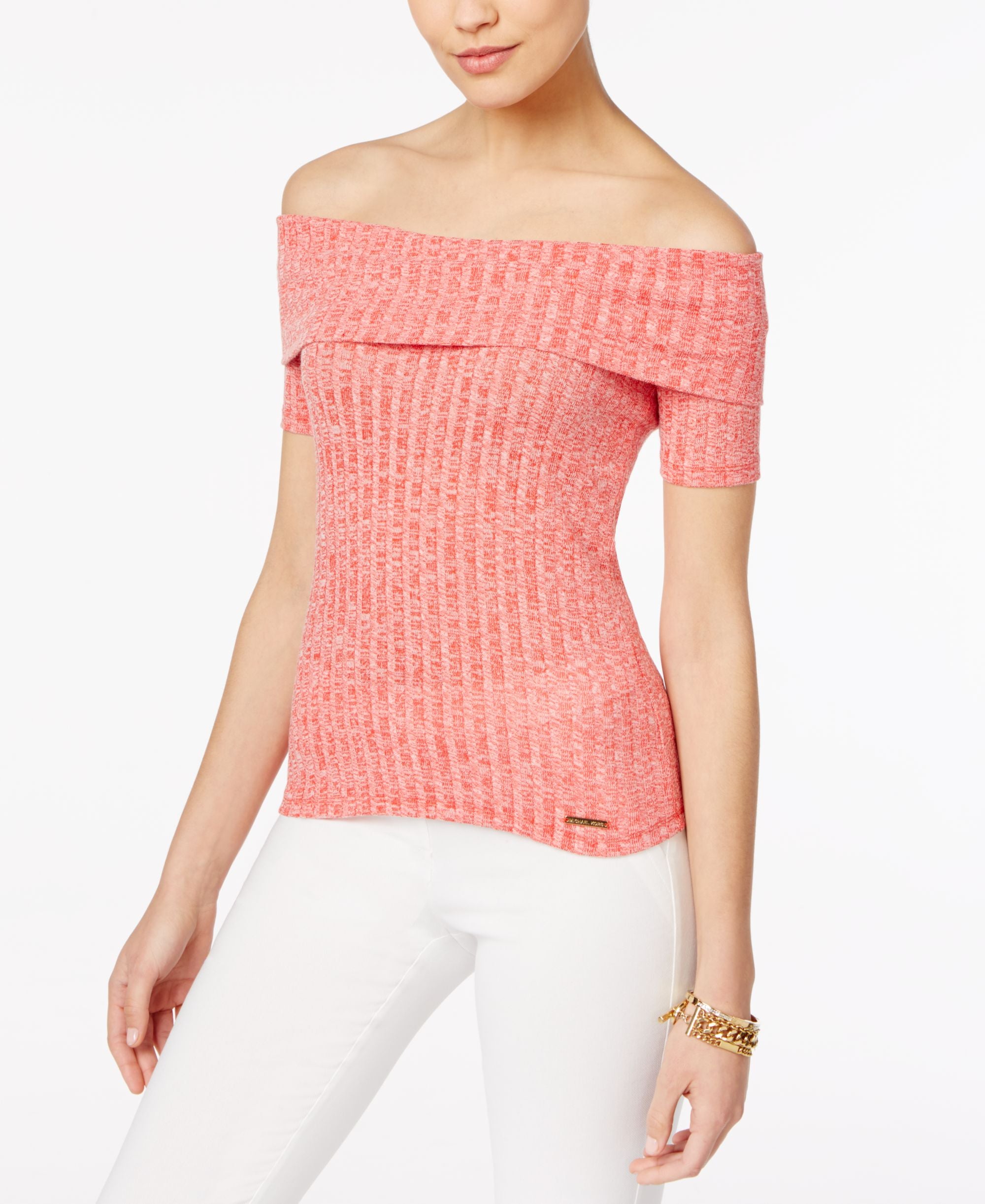Michael Kors Petite Marled Ribbed Off-The-Soulder Top