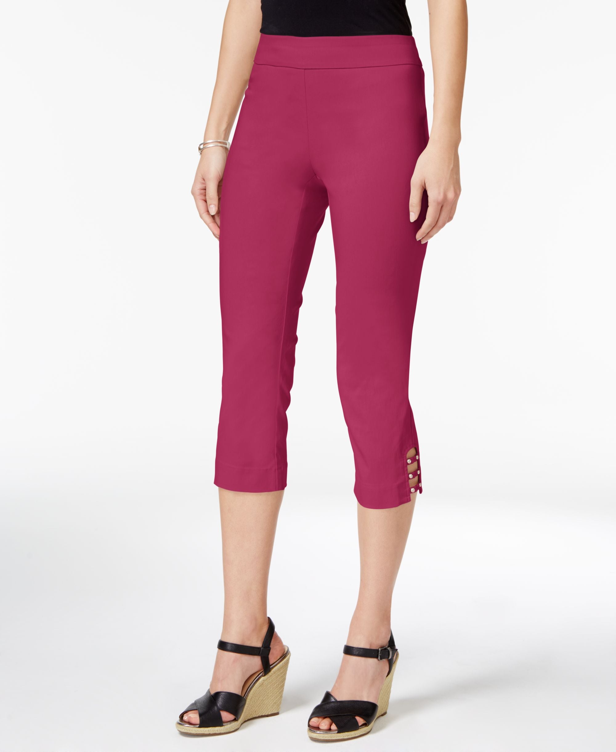 JM Collection Petite Tummy Control Lattice Hem Capri Pants