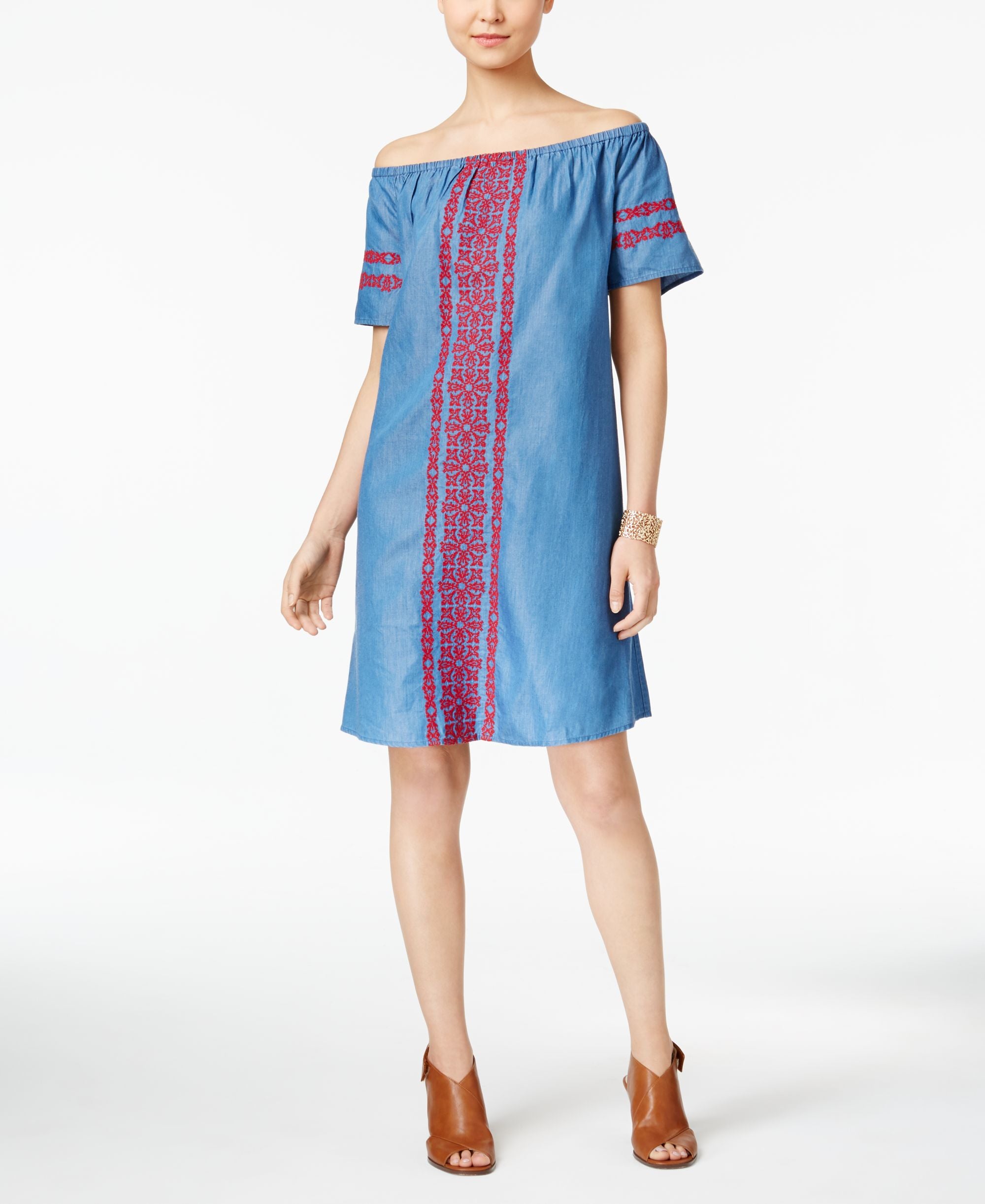 Style & Co Off The Shoulder Denim Embroidered Dress