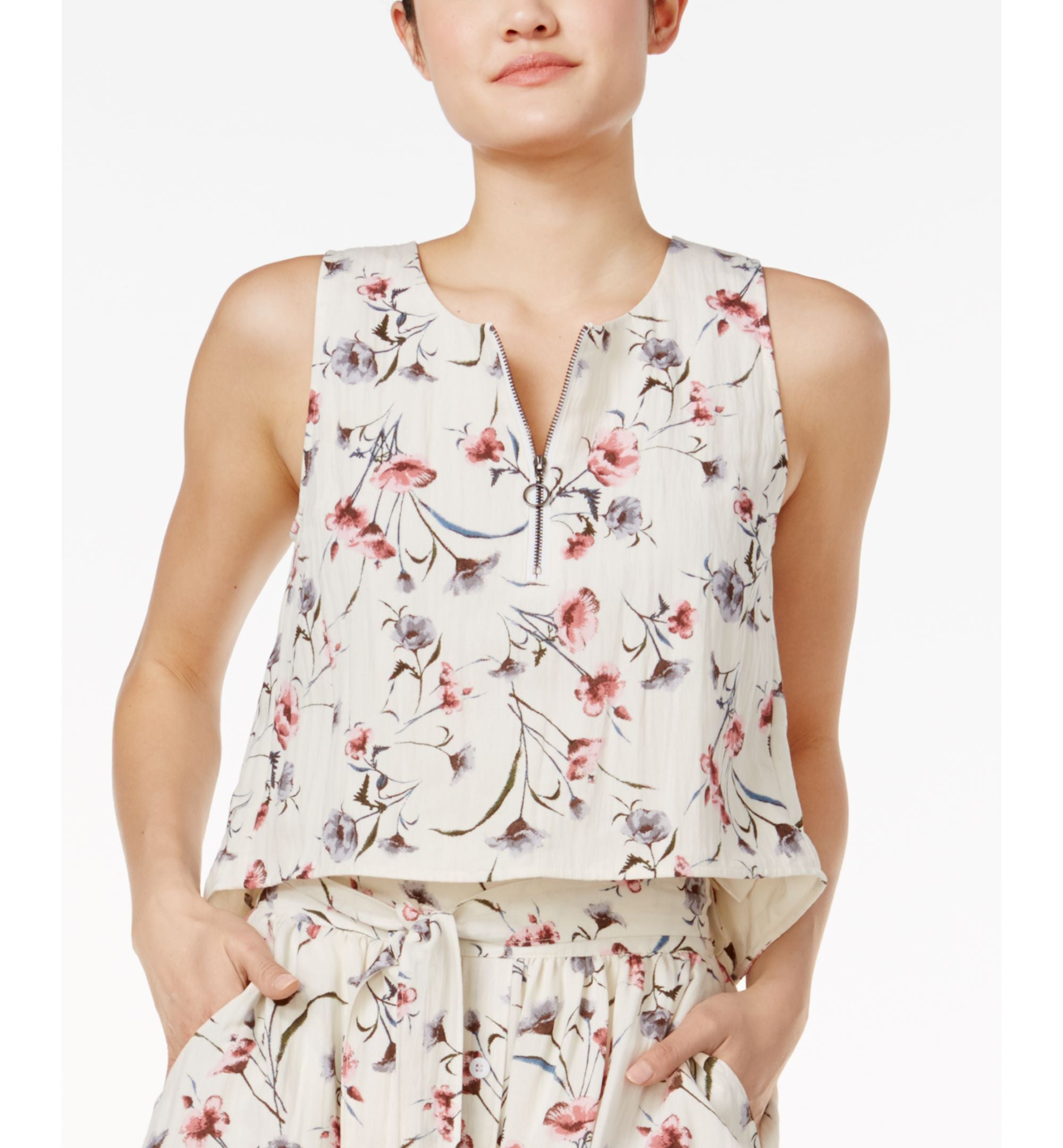 J.O.A. Front Zip Floral Print Crop Top
